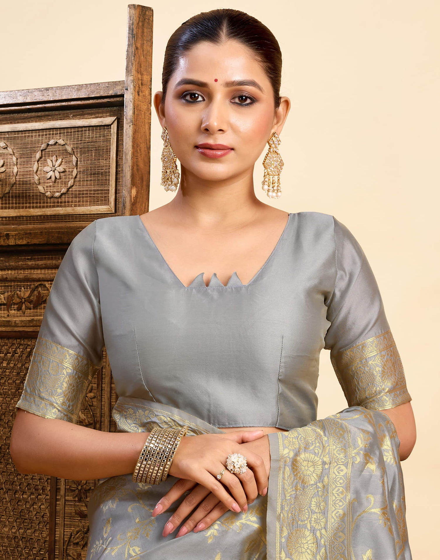 Grey Silk Woven Banarasi Saree