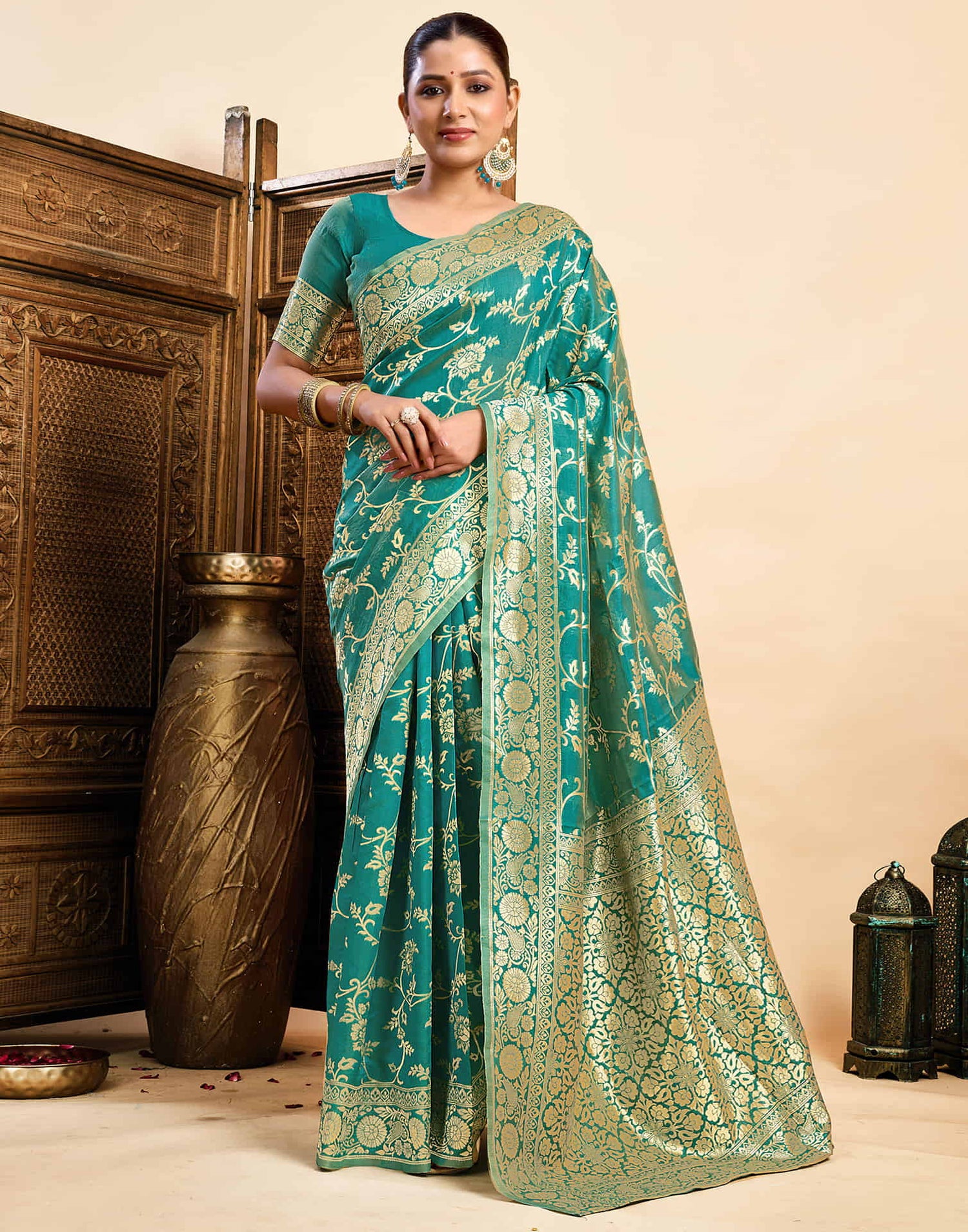 Teal Green Silk Woven Banarasi Saree