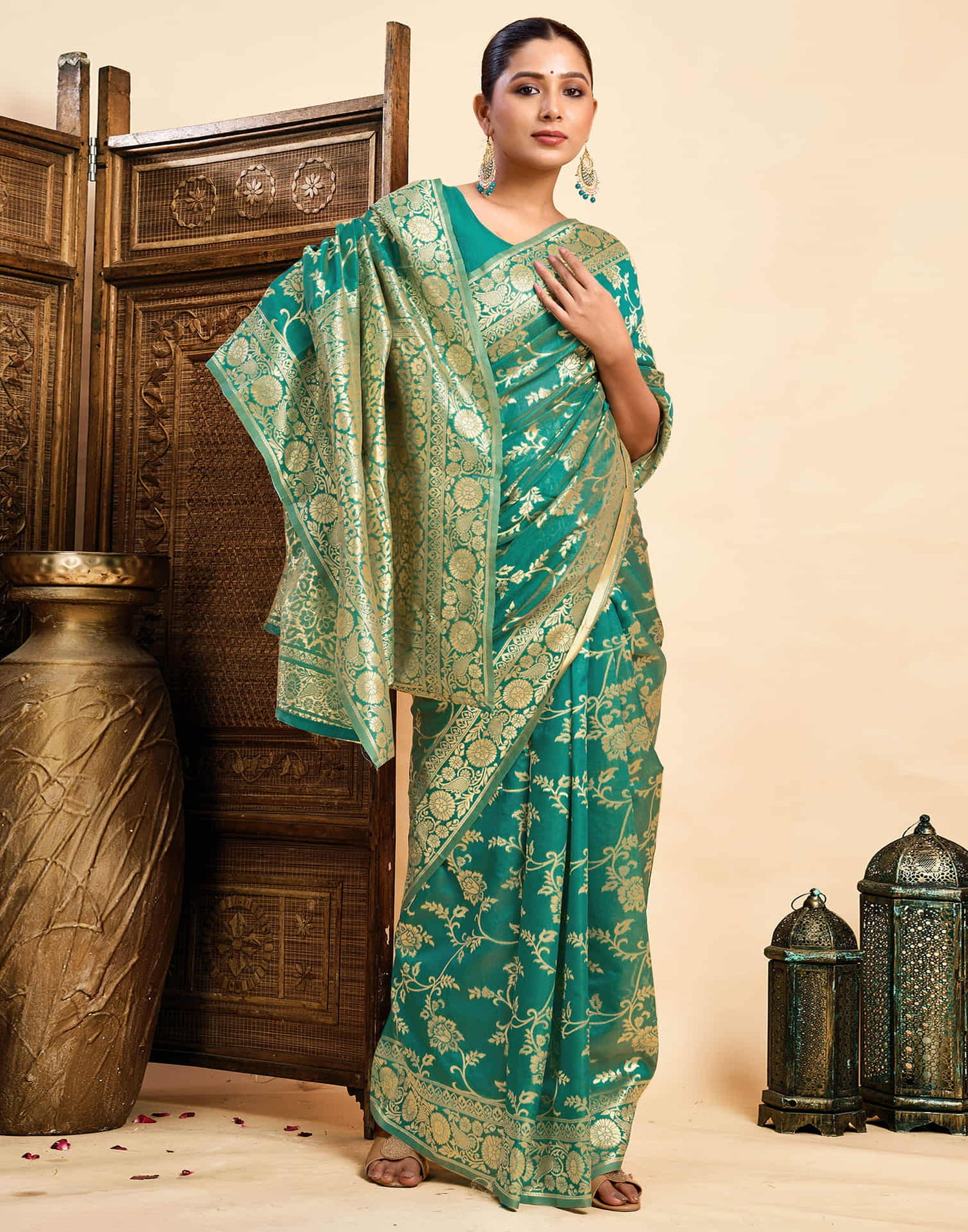 Teal Green Silk Woven Banarasi Saree