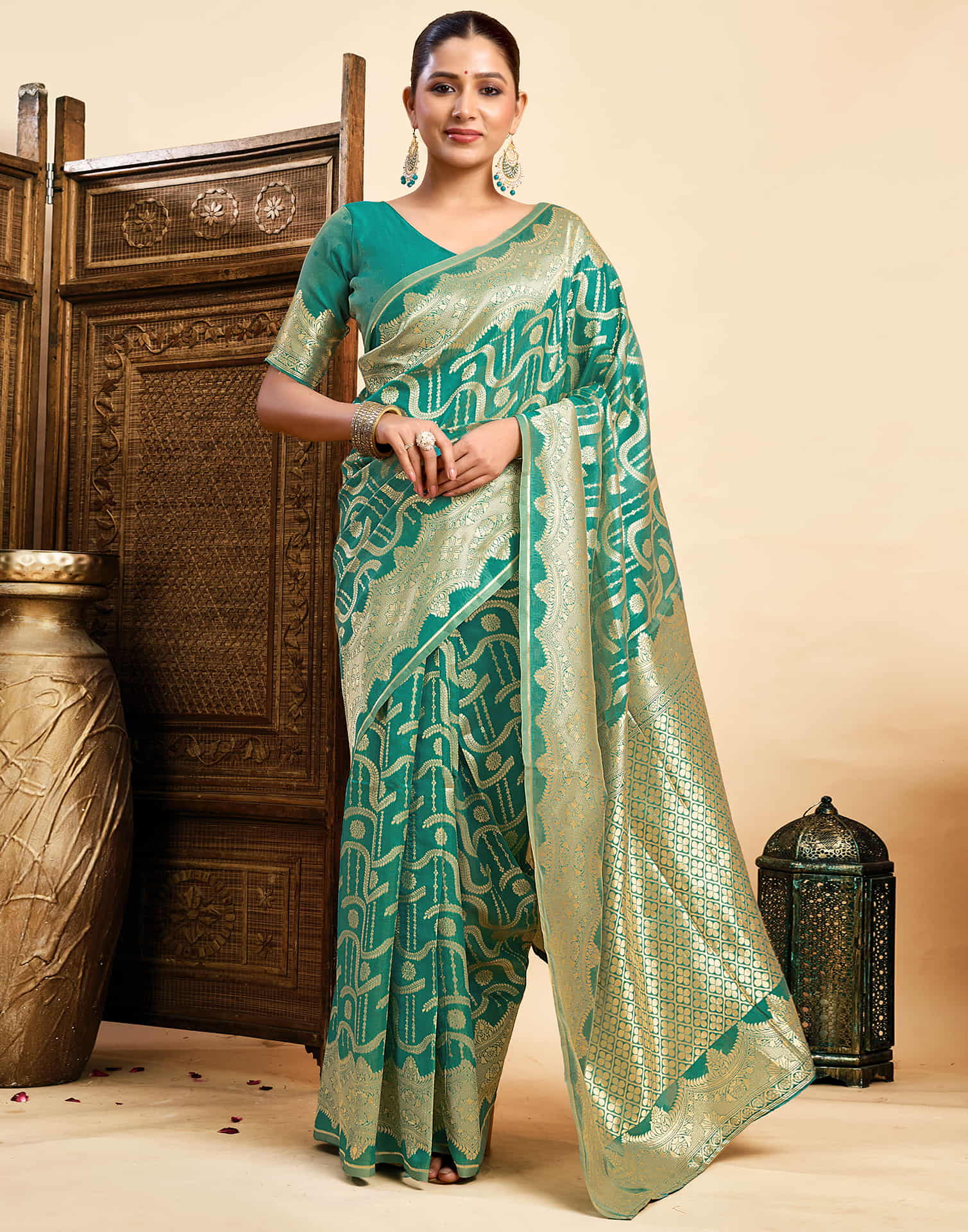 Teal Green Silk Woven Saree