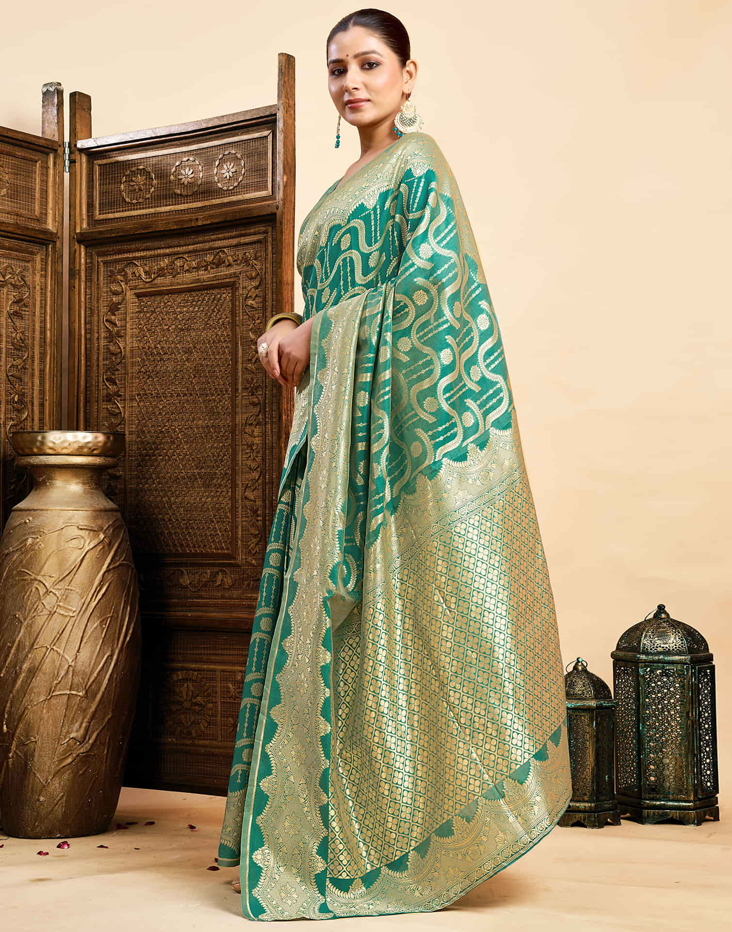 Teal Green Silk Woven Saree