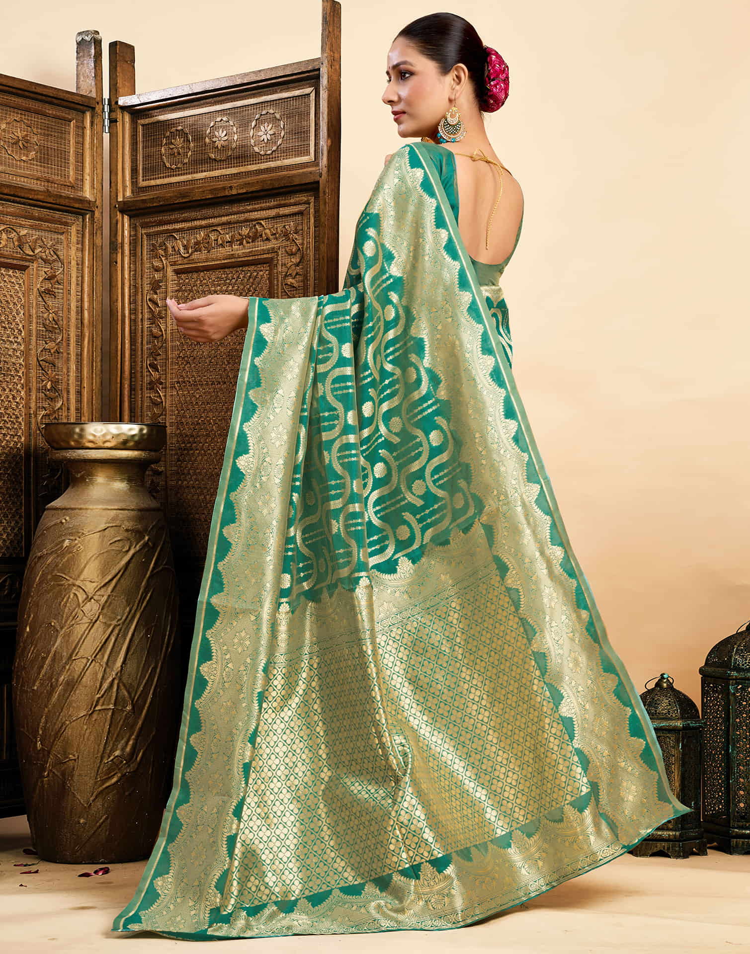 Teal Green Silk Woven Saree