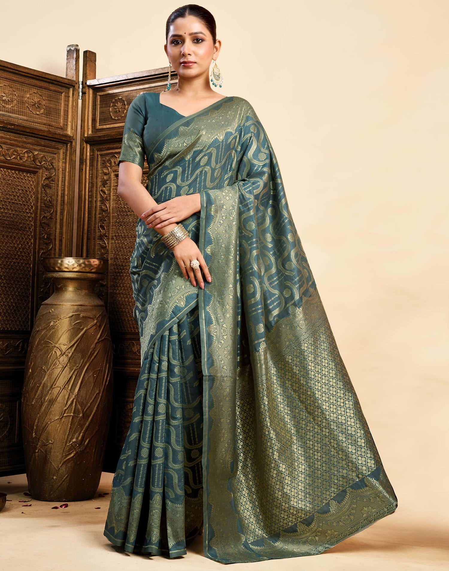 Dark Rama Green Silk Woven Saree