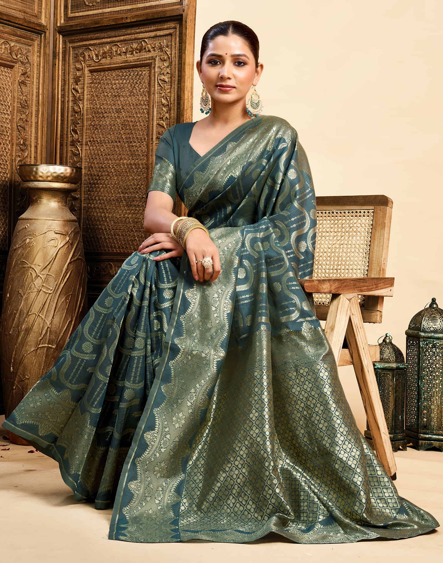 Dark Rama Green Silk Woven Saree