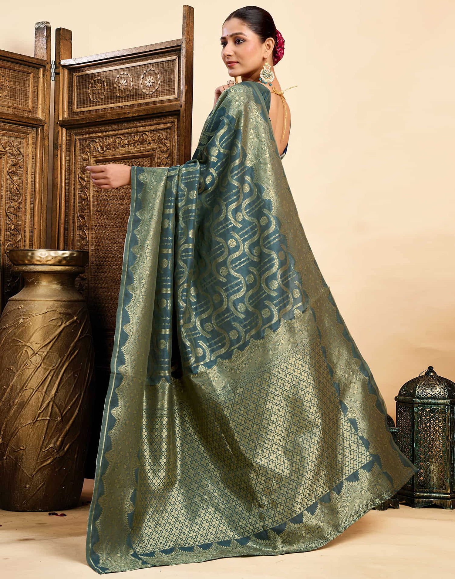 Dark Rama Green Silk Woven Saree