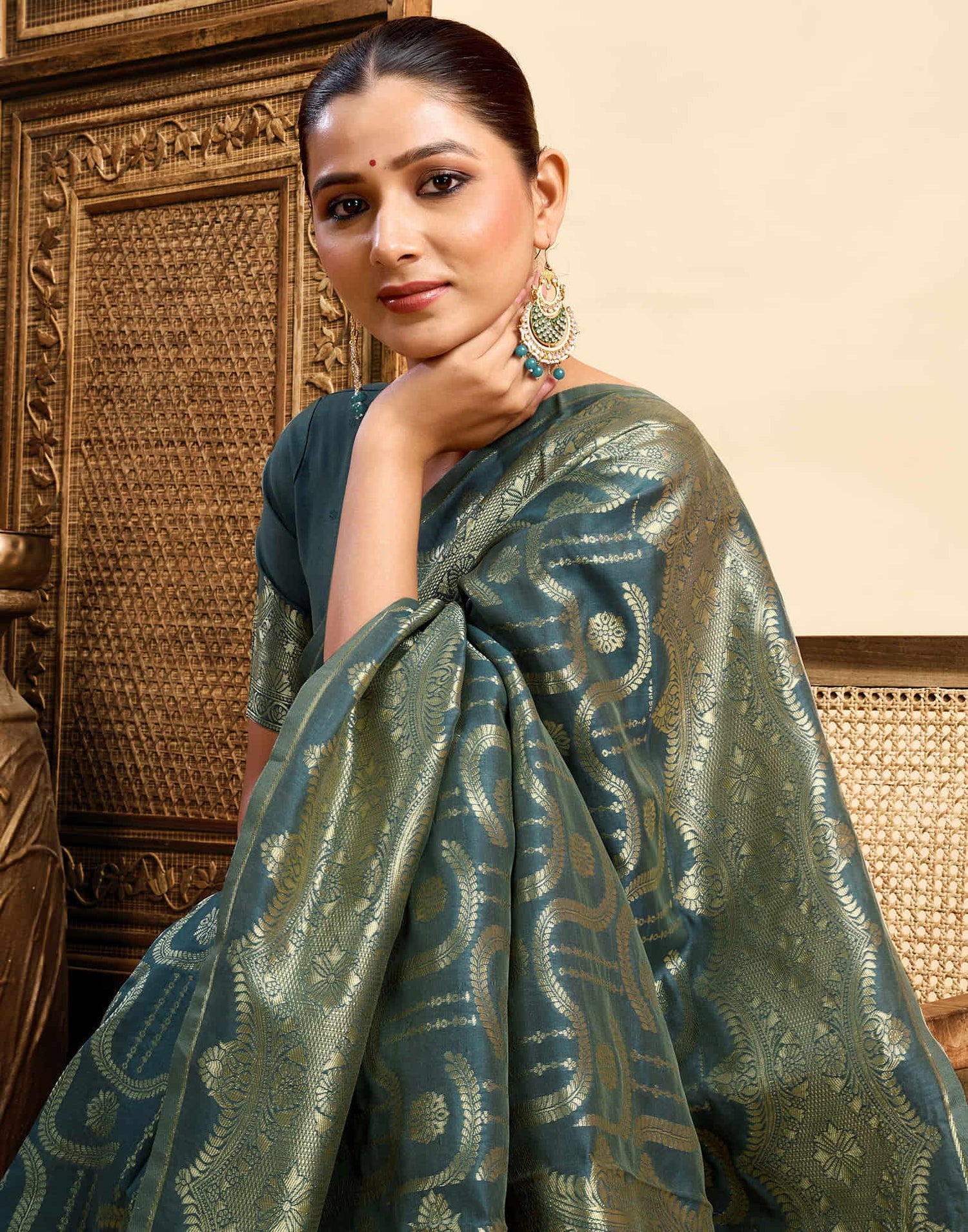 Dark Rama Green Silk Woven Saree