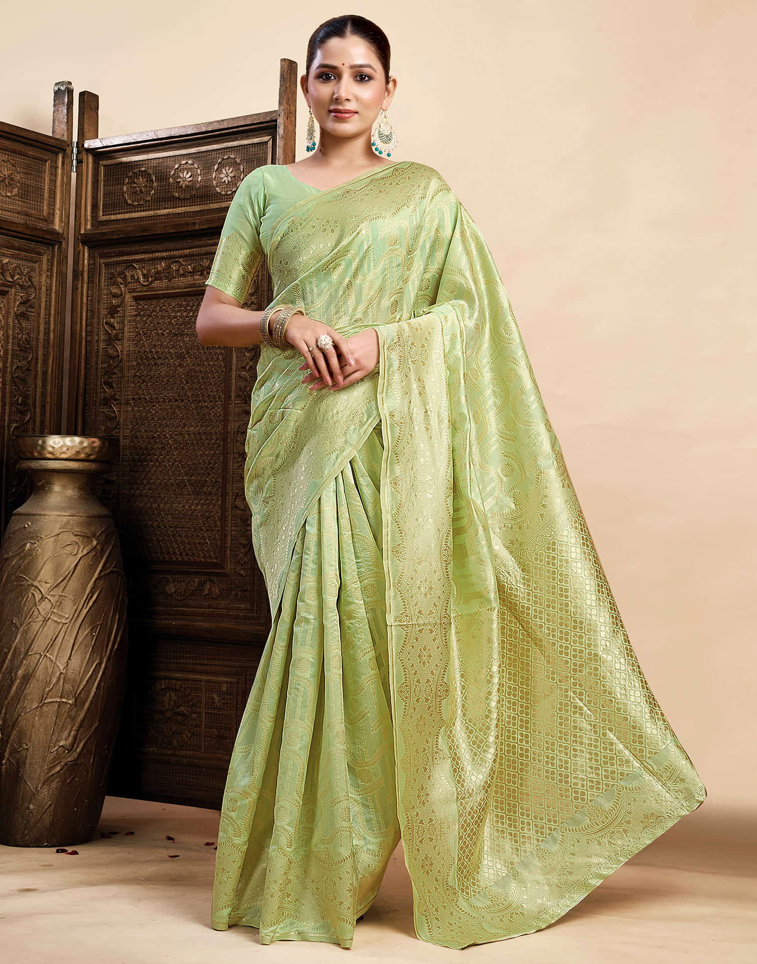 Light Pista Green Silk Woven Saree