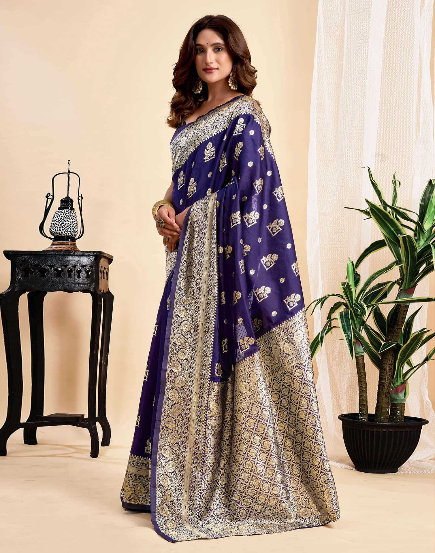 Navy Blue Silk Woven Banarasi Saree