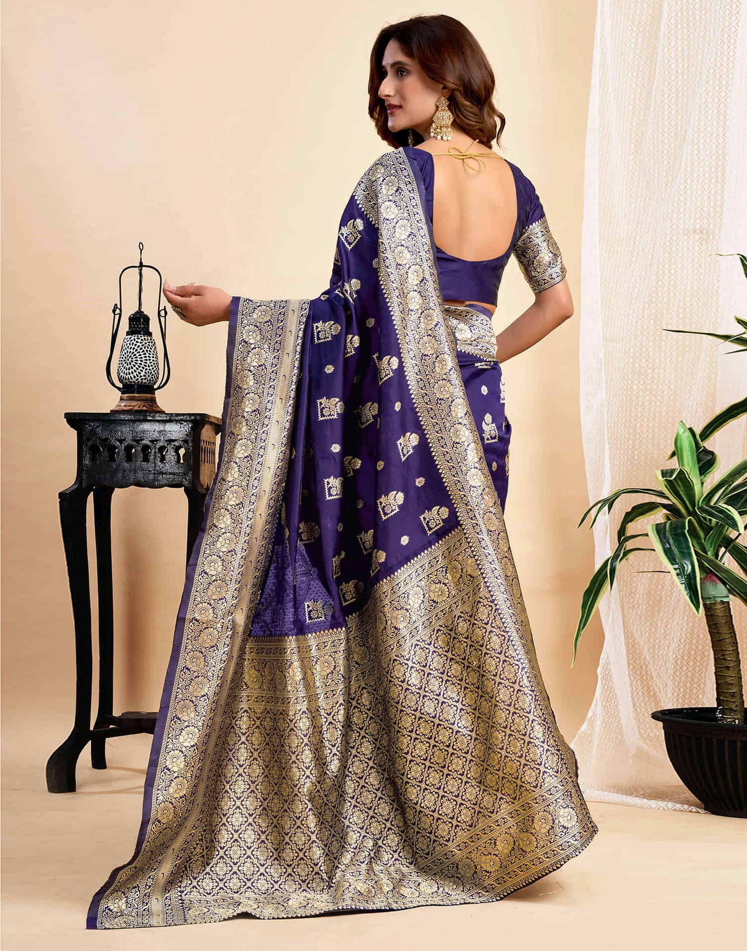 Navy Blue Silk Woven Banarasi Saree