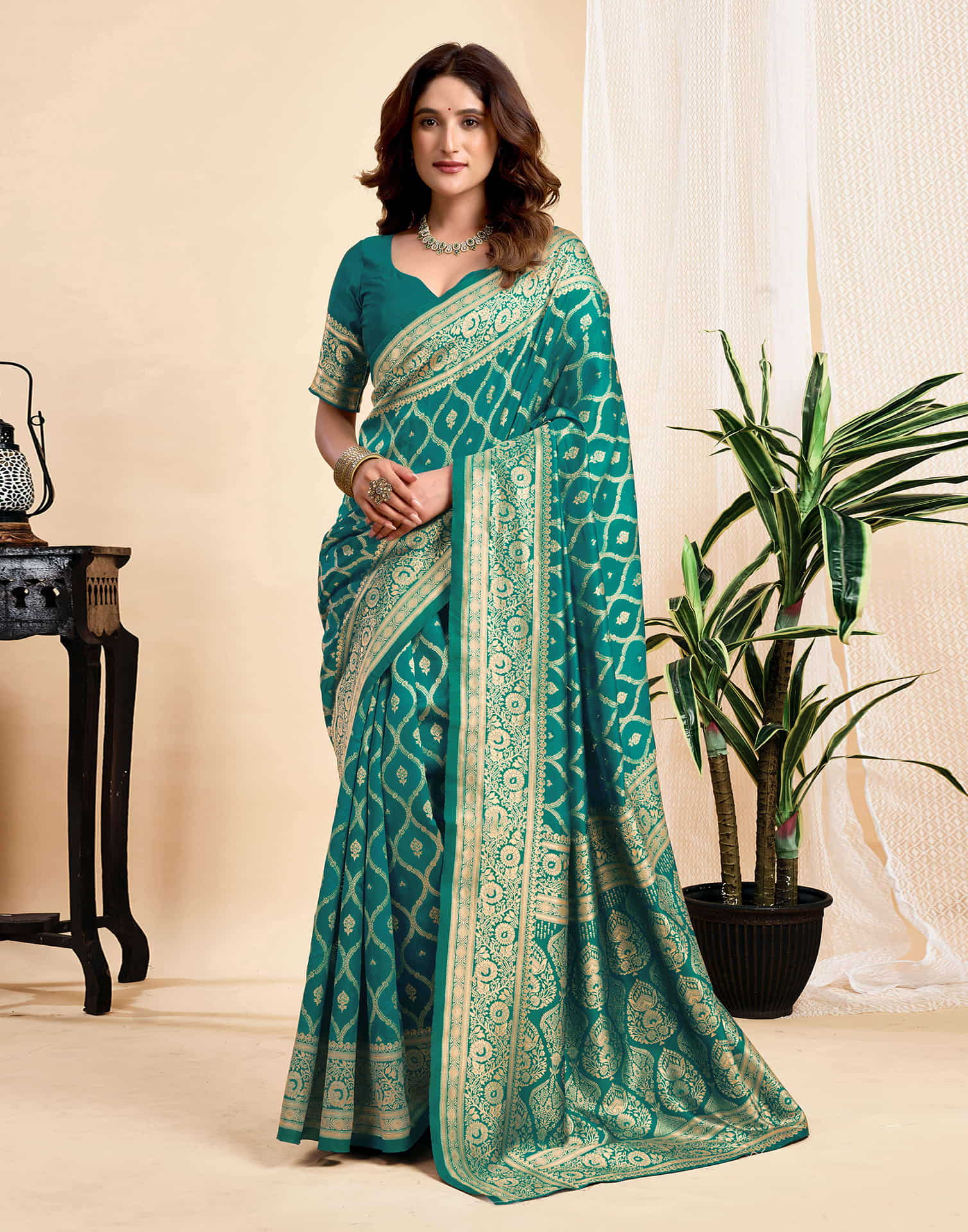 Teal Green Silk Woven Banarasi Saree