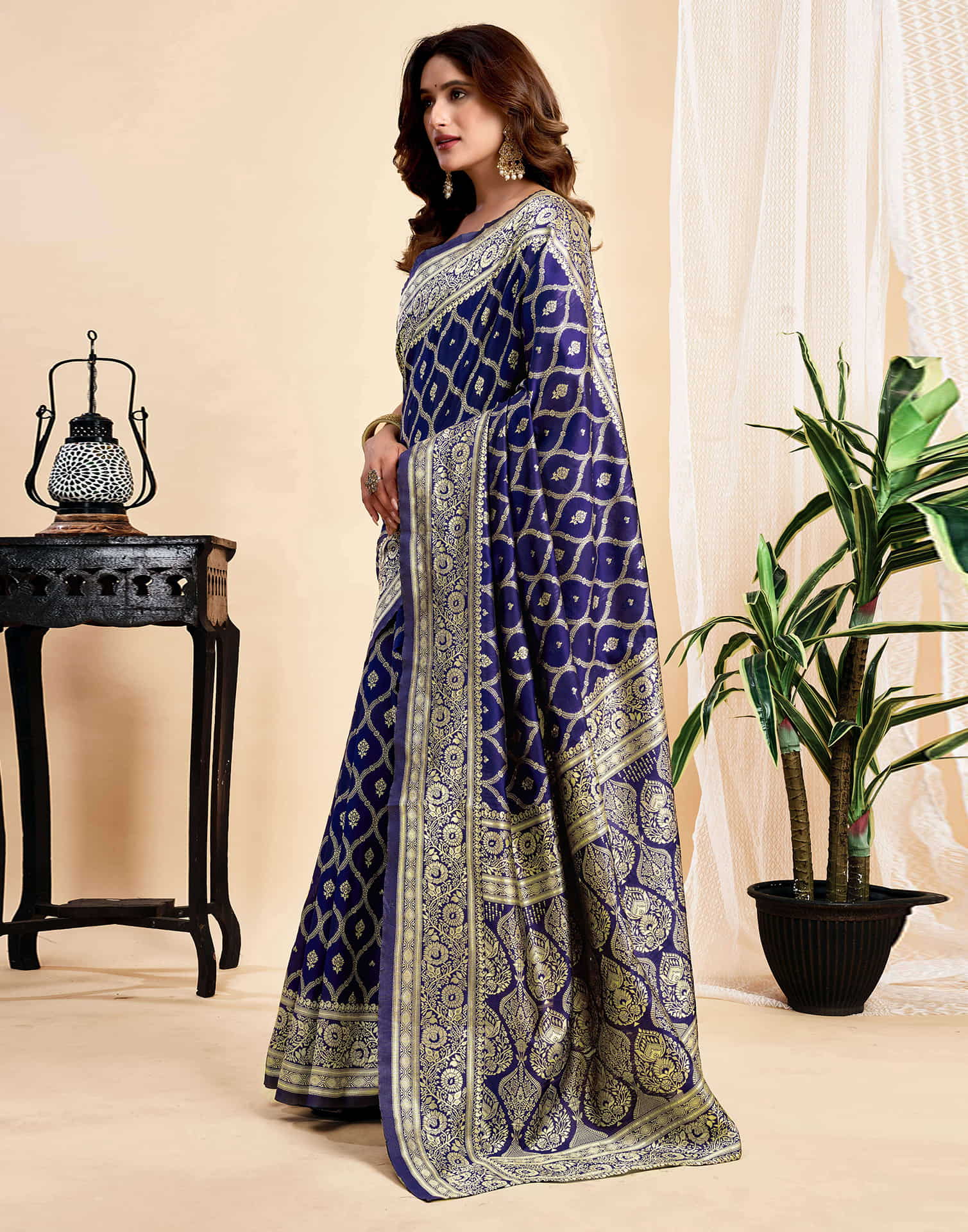 Navy Blue Silk Woven Banarasi Saree