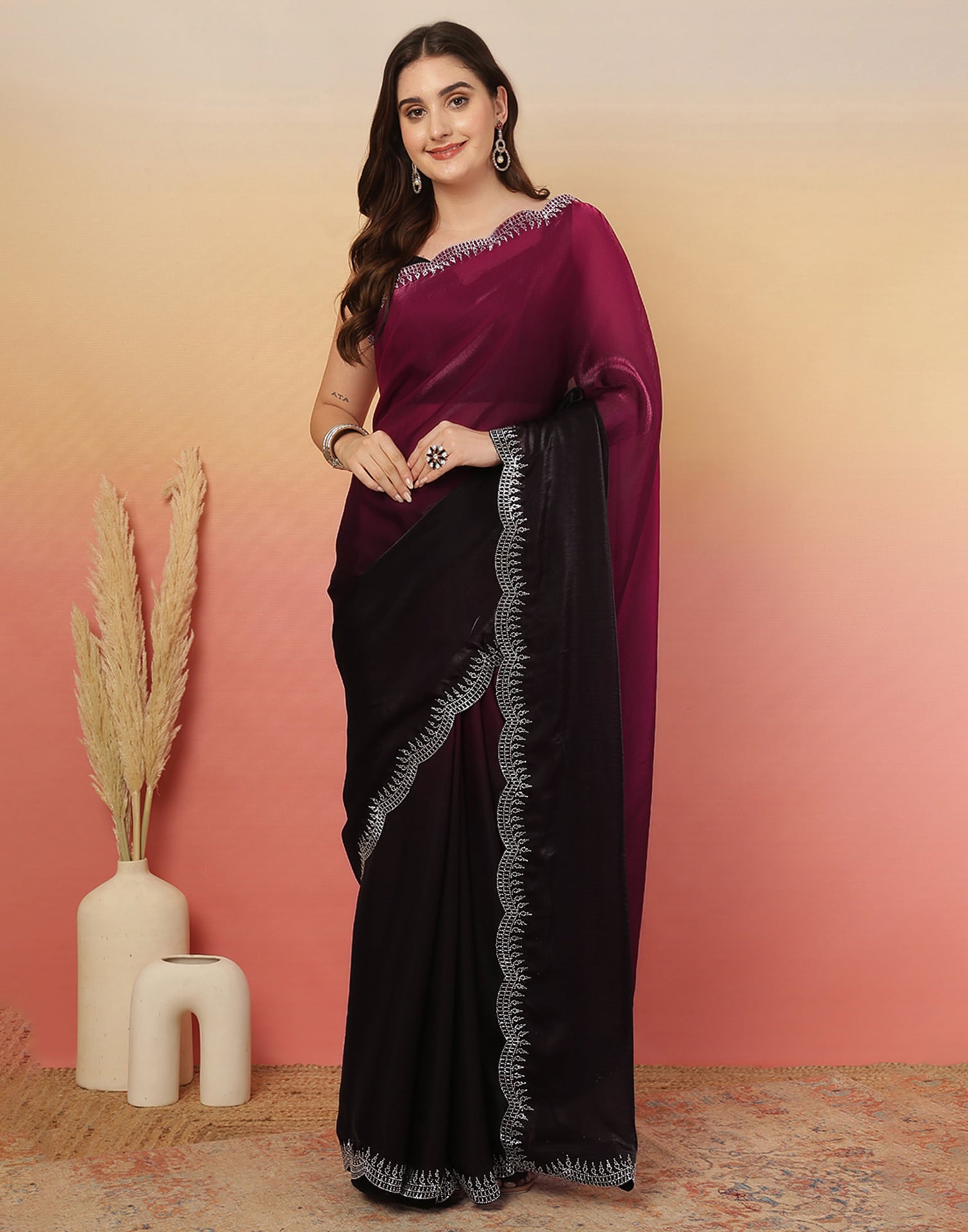 Black Tissue Silk Stone Work Swarovski Saree