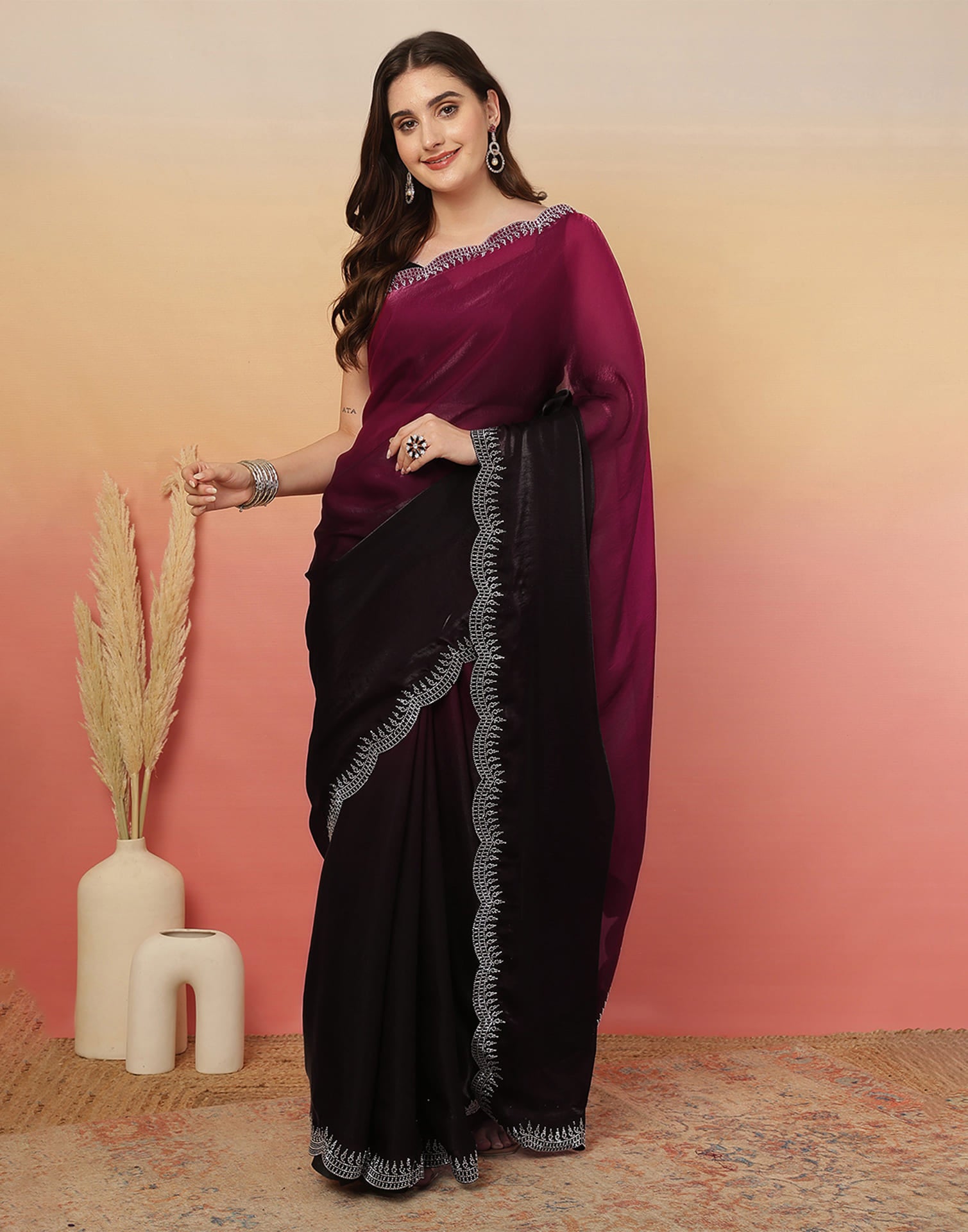 Black Tissue Silk Stone Work Swarovski Saree