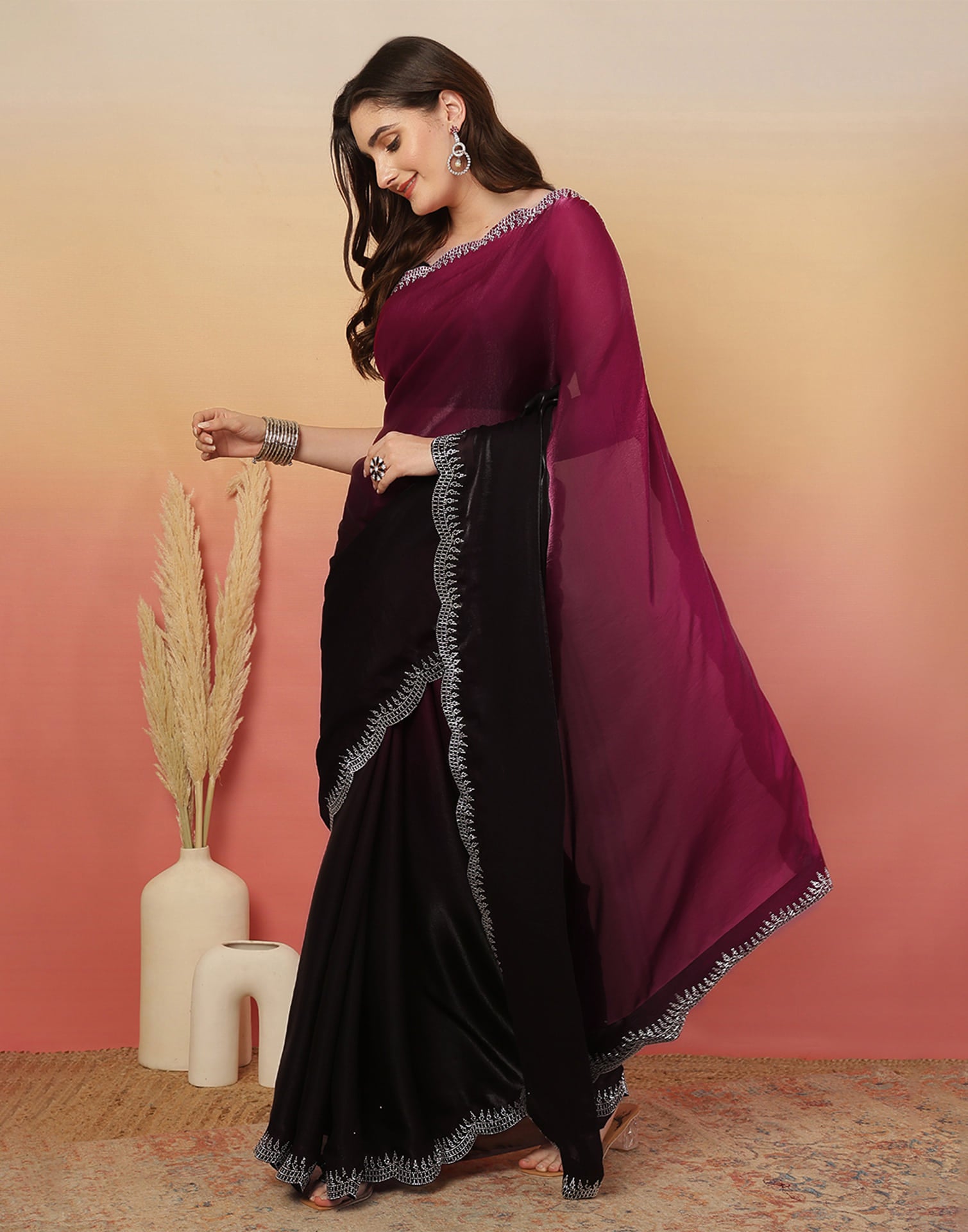 Black Tissue Silk Stone Work Swarovski Saree