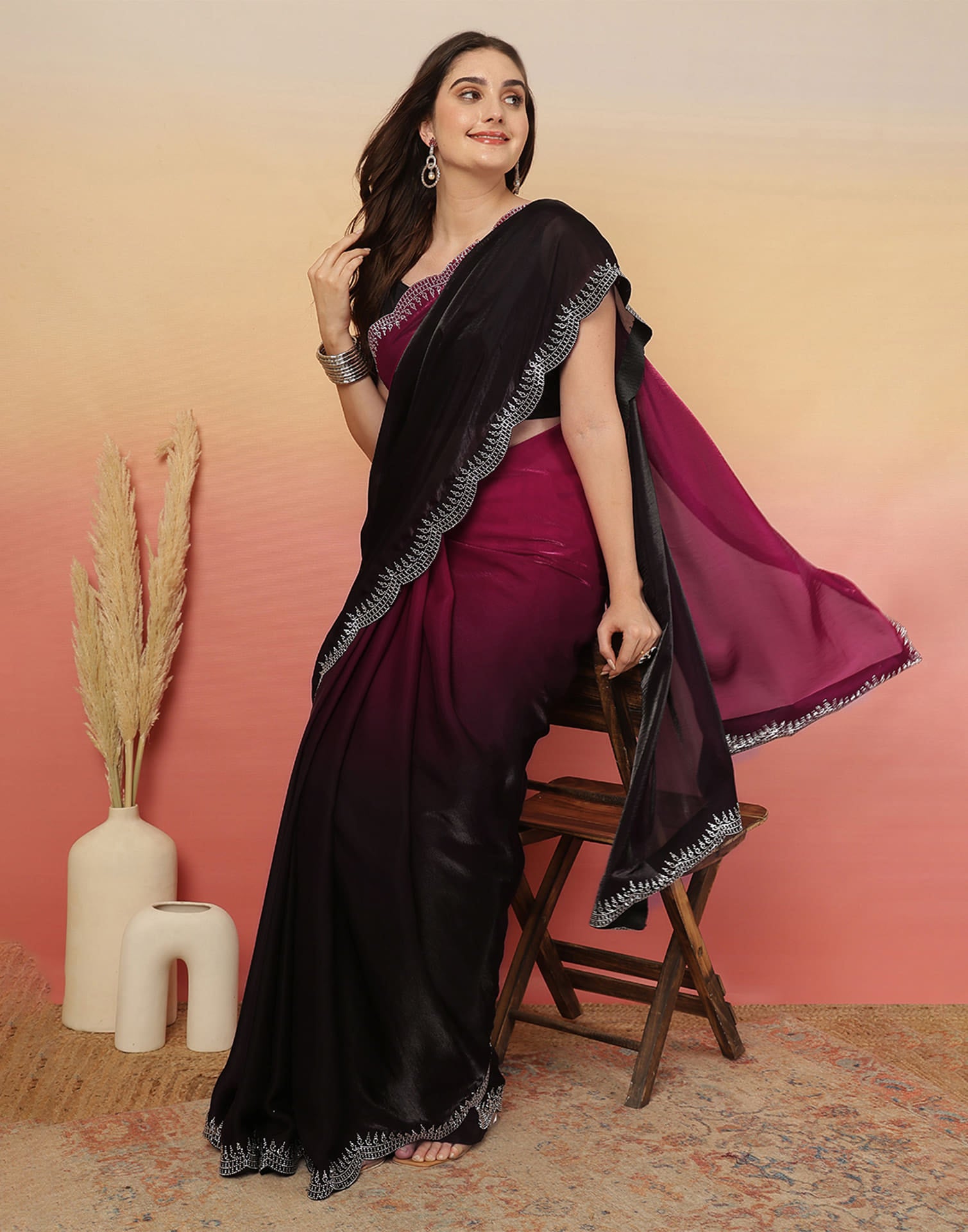 Black Tissue Silk Stone Work Swarovski Saree