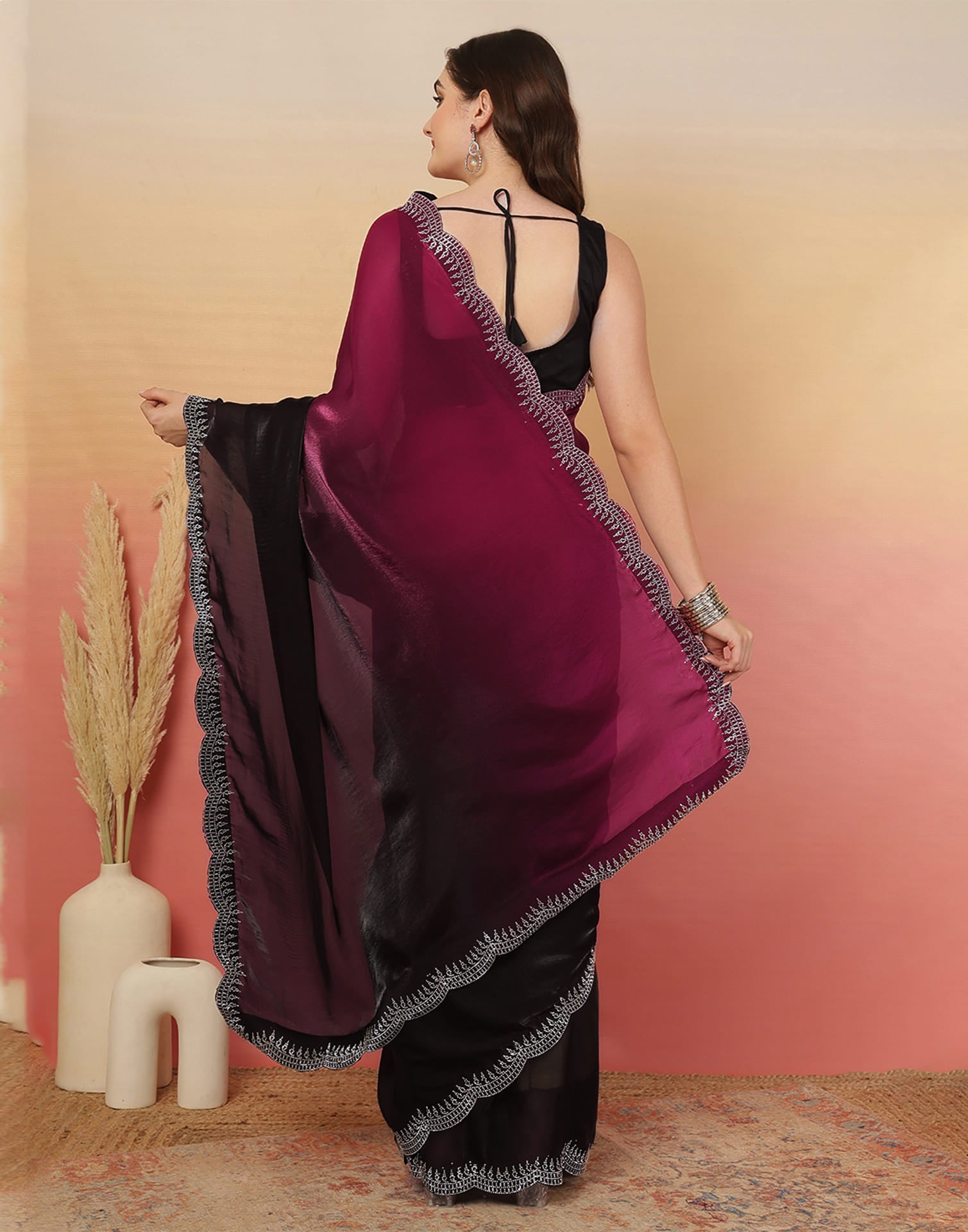 Black Tissue Silk Stone Work Swarovski Saree