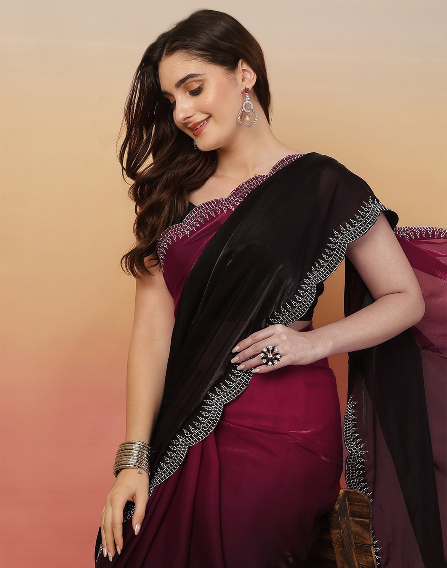 Black Tissue Silk Stone Work Swarovski Saree