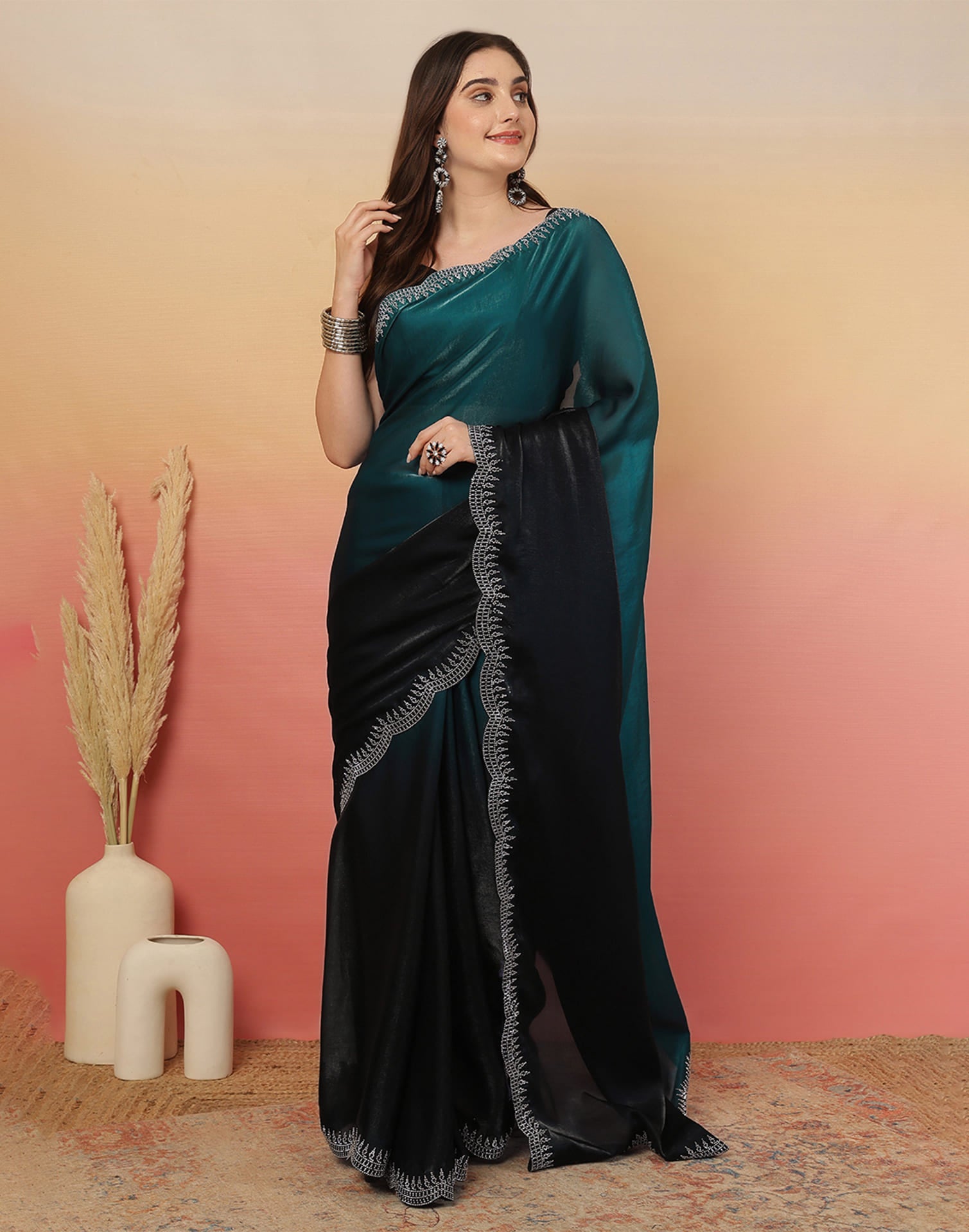 Black Tissue Silk Stone Work Swarovski Saree
