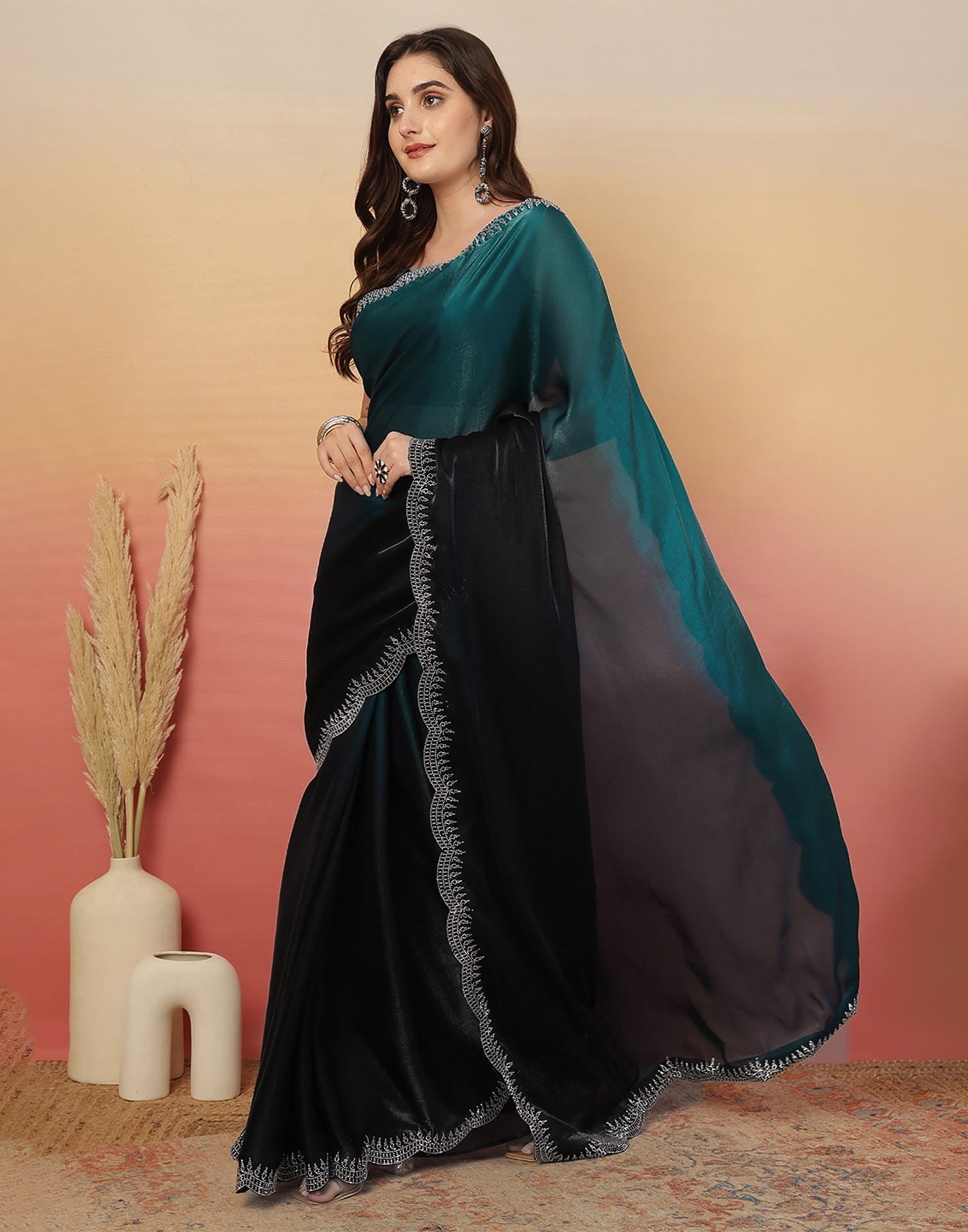 Black Tissue Silk Stone Work Swarovski Saree