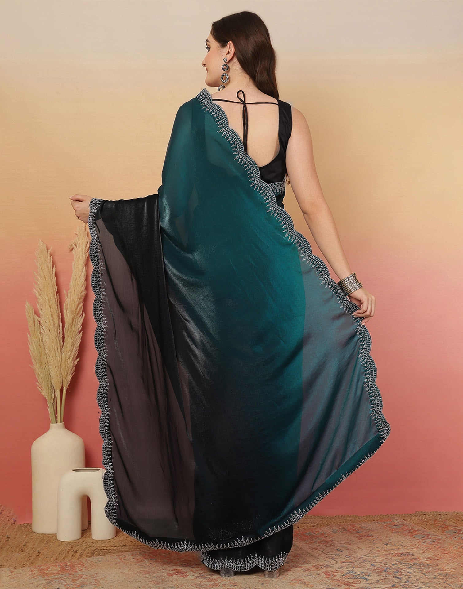 Black Tissue Silk Stone Work Swarovski Saree
