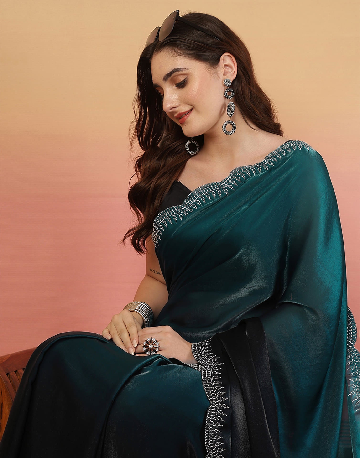 Black Tissue Silk Stone Work Swarovski Saree
