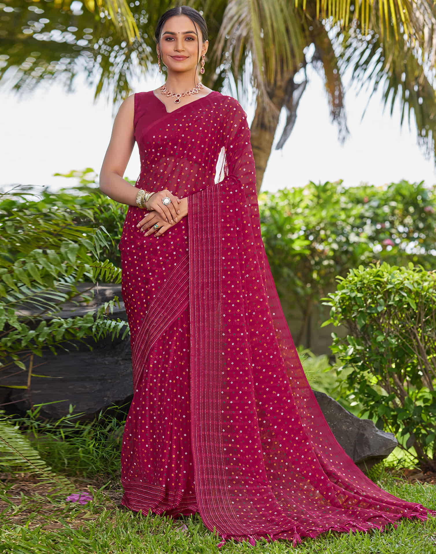 Dark Pink Chiffon Printed Bandhani Saree