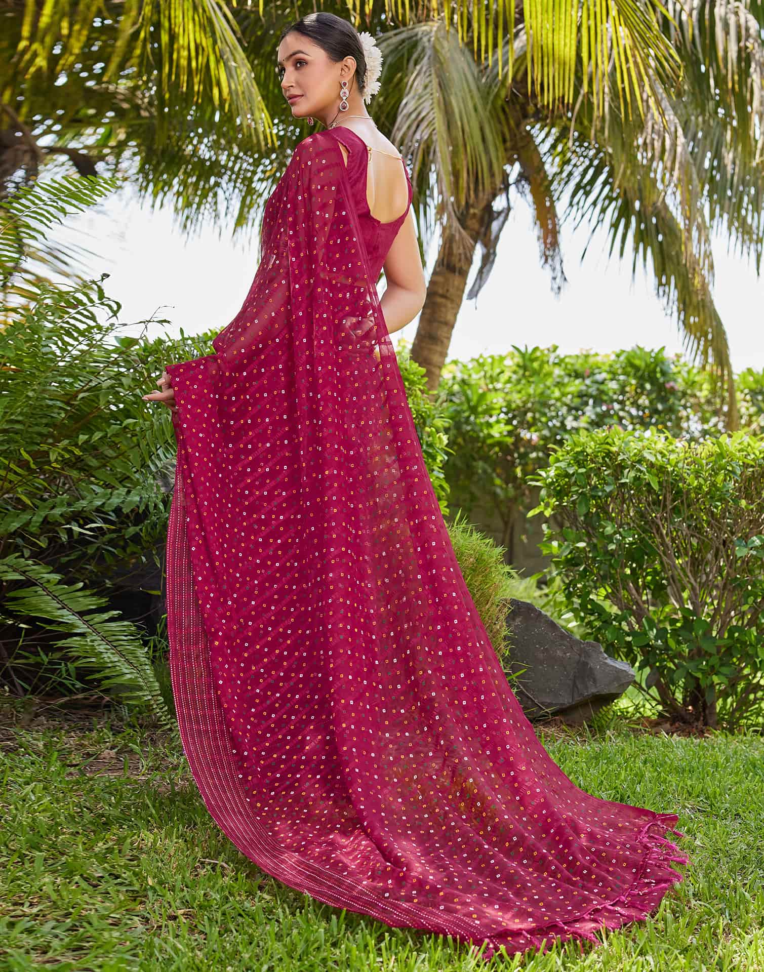 Dark Pink Chiffon Printed Bandhani Saree