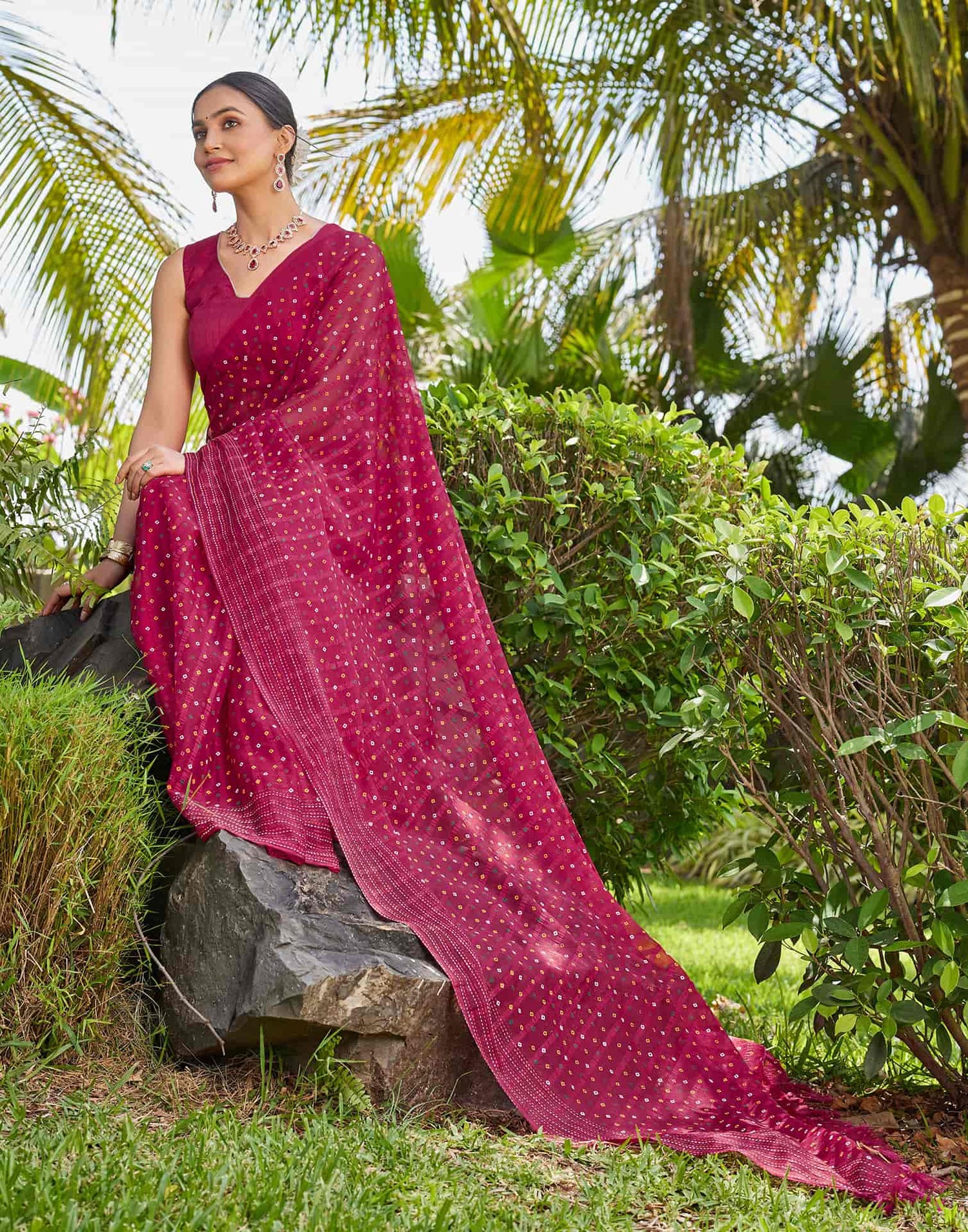 Dark Pink Chiffon Printed Bandhani Saree