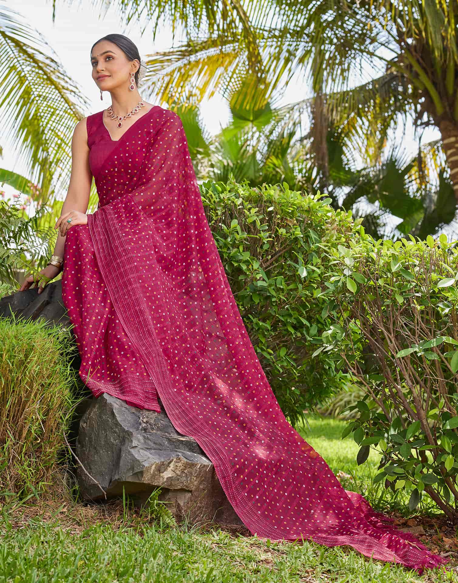 Dark Pink Chiffon Printed Bandhani Saree