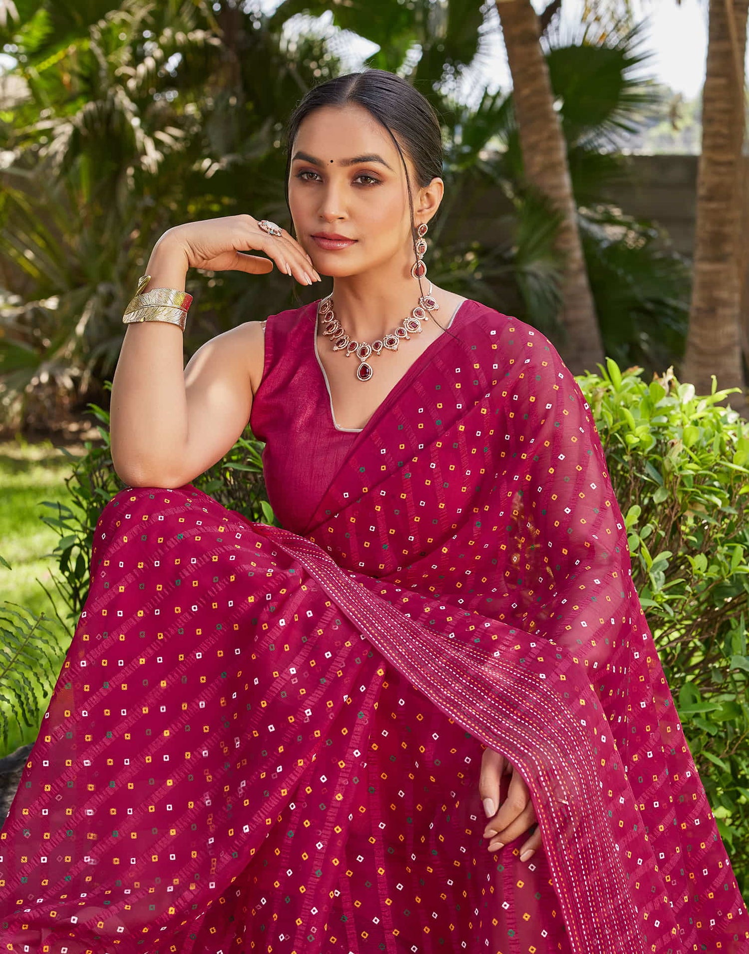 Dark Pink Chiffon Printed Bandhani Saree