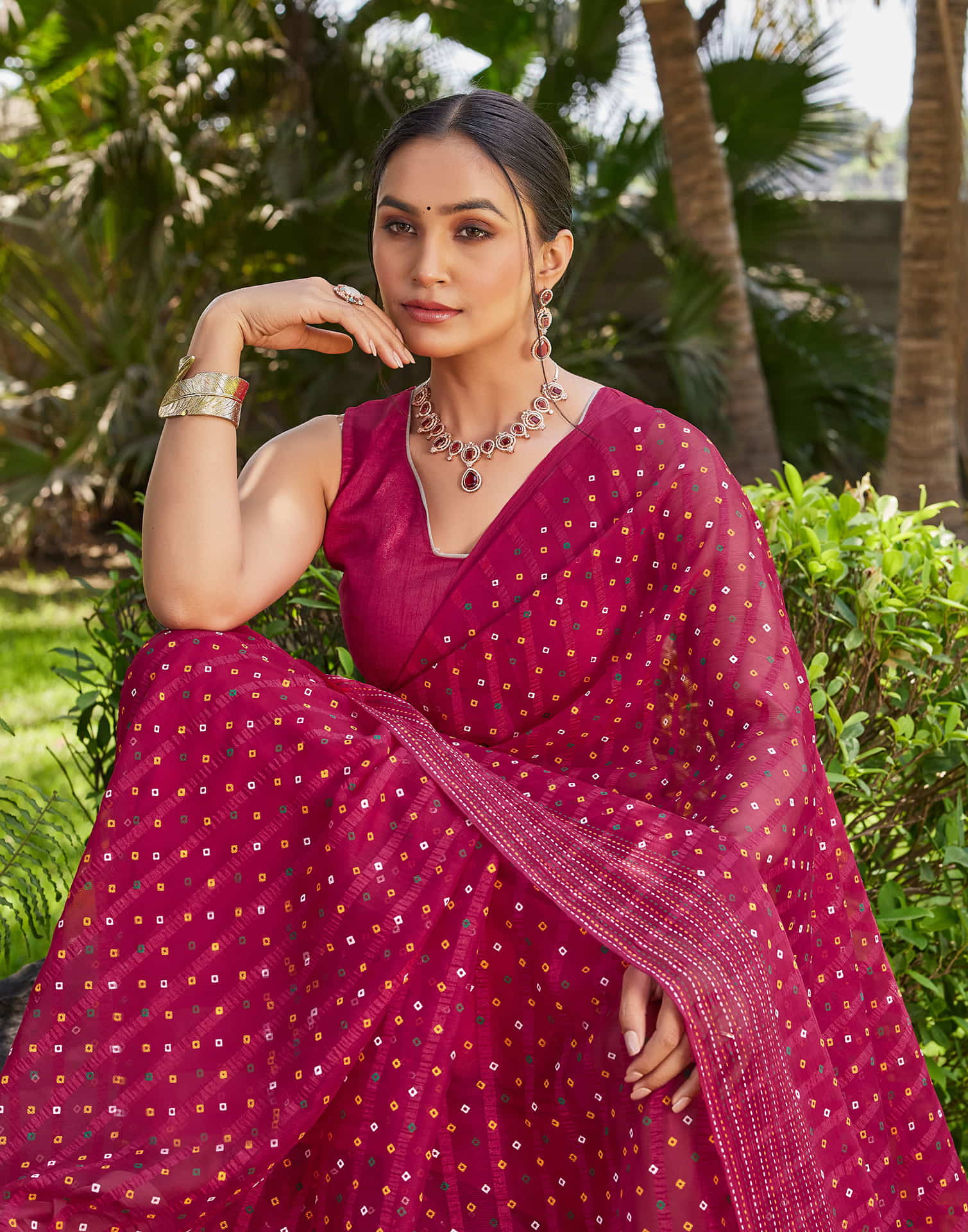 Dark Pink Chiffon Printed Bandhani Saree