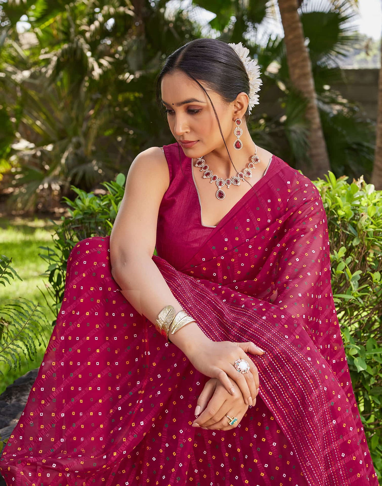 Dark Pink Chiffon Printed Bandhani Saree
