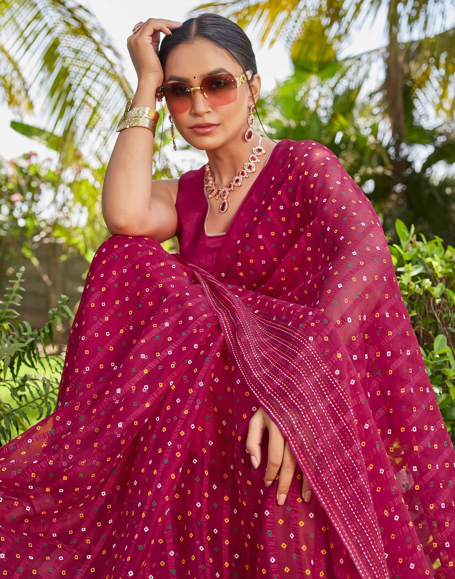 Dark Pink Chiffon Printed Bandhani Saree
