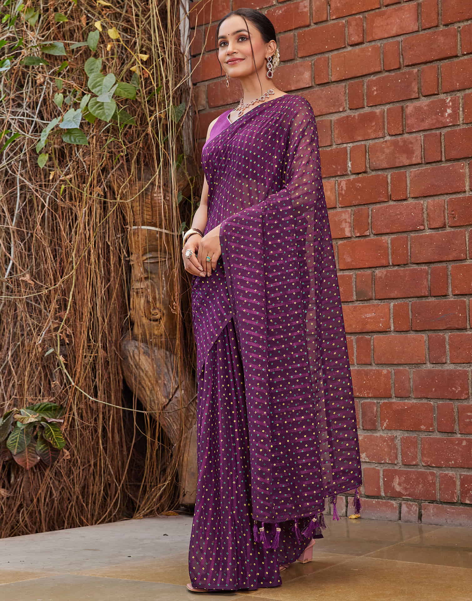 Dark Purple Chiffon Printed Bandhani Saree