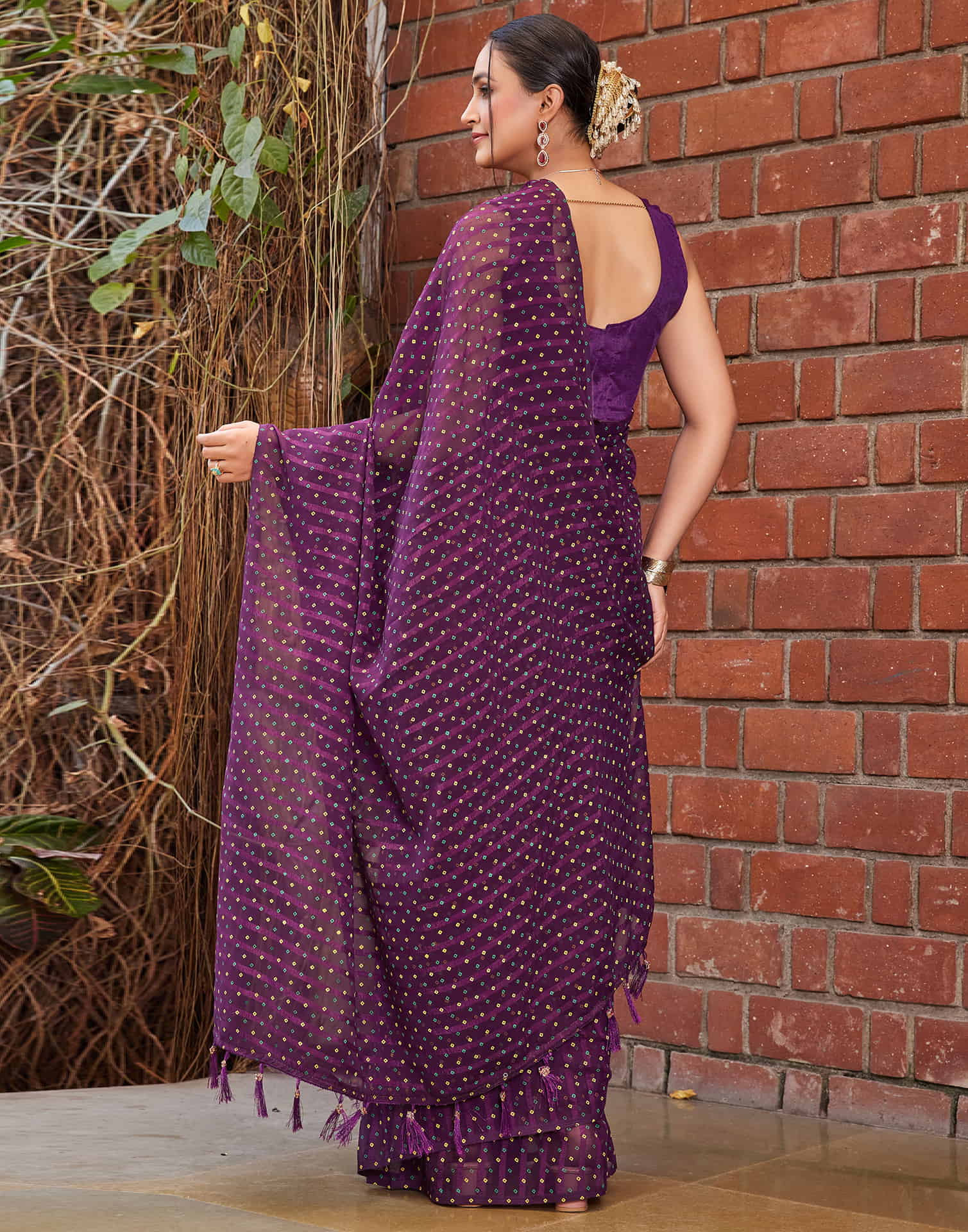 Dark Purple Chiffon Printed Bandhani Saree