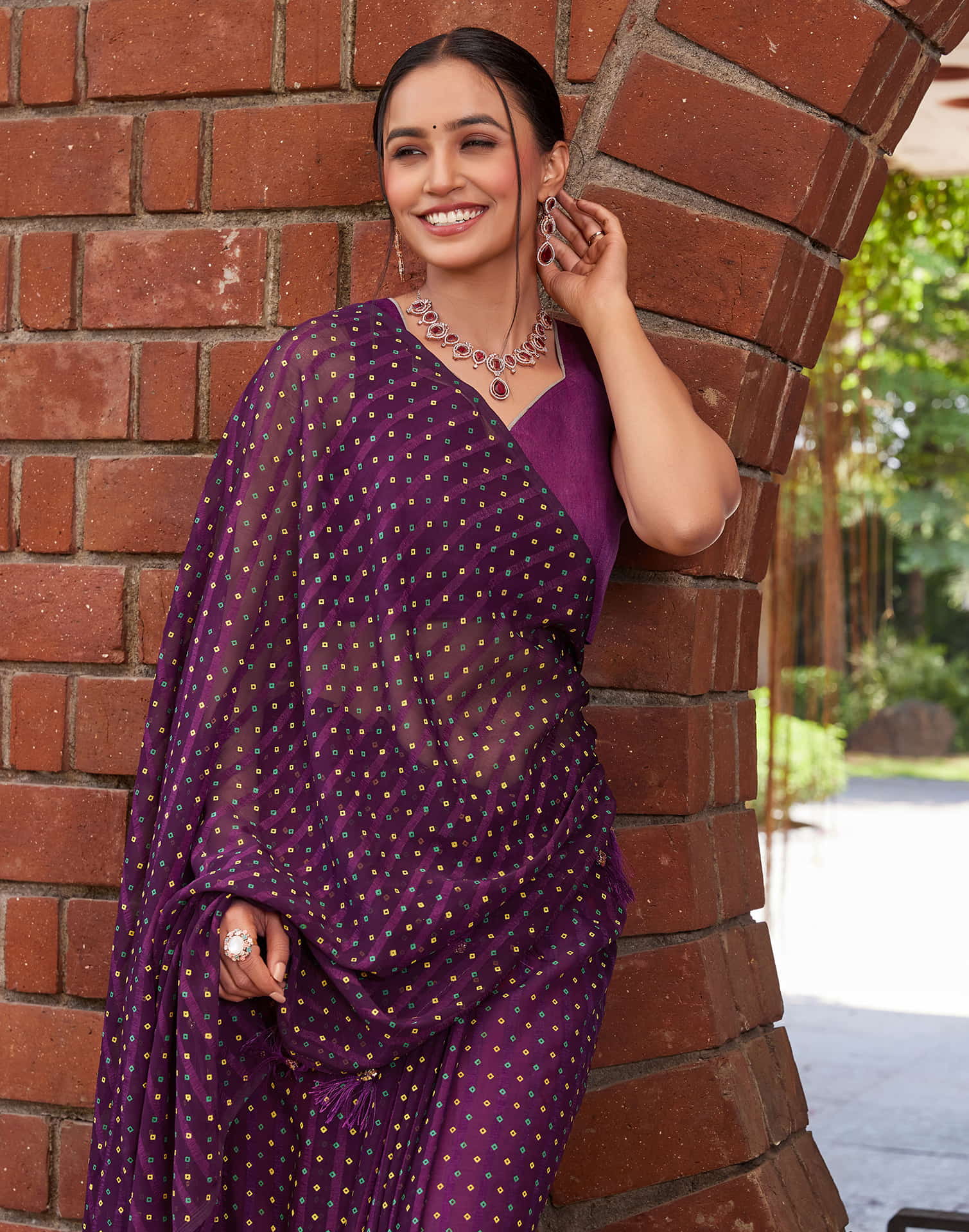 Dark Purple Chiffon Printed Bandhani Saree
