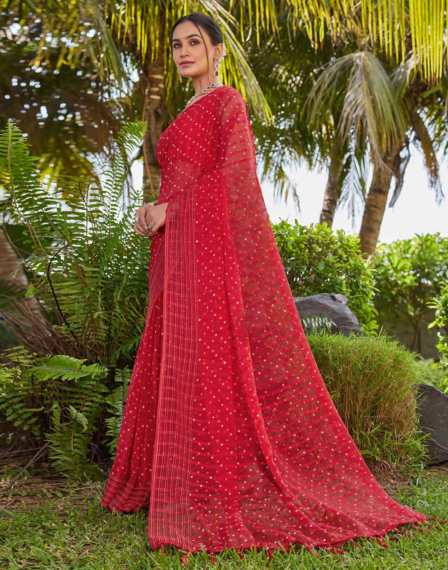 Red Chiffon Printed Bandhani Saree