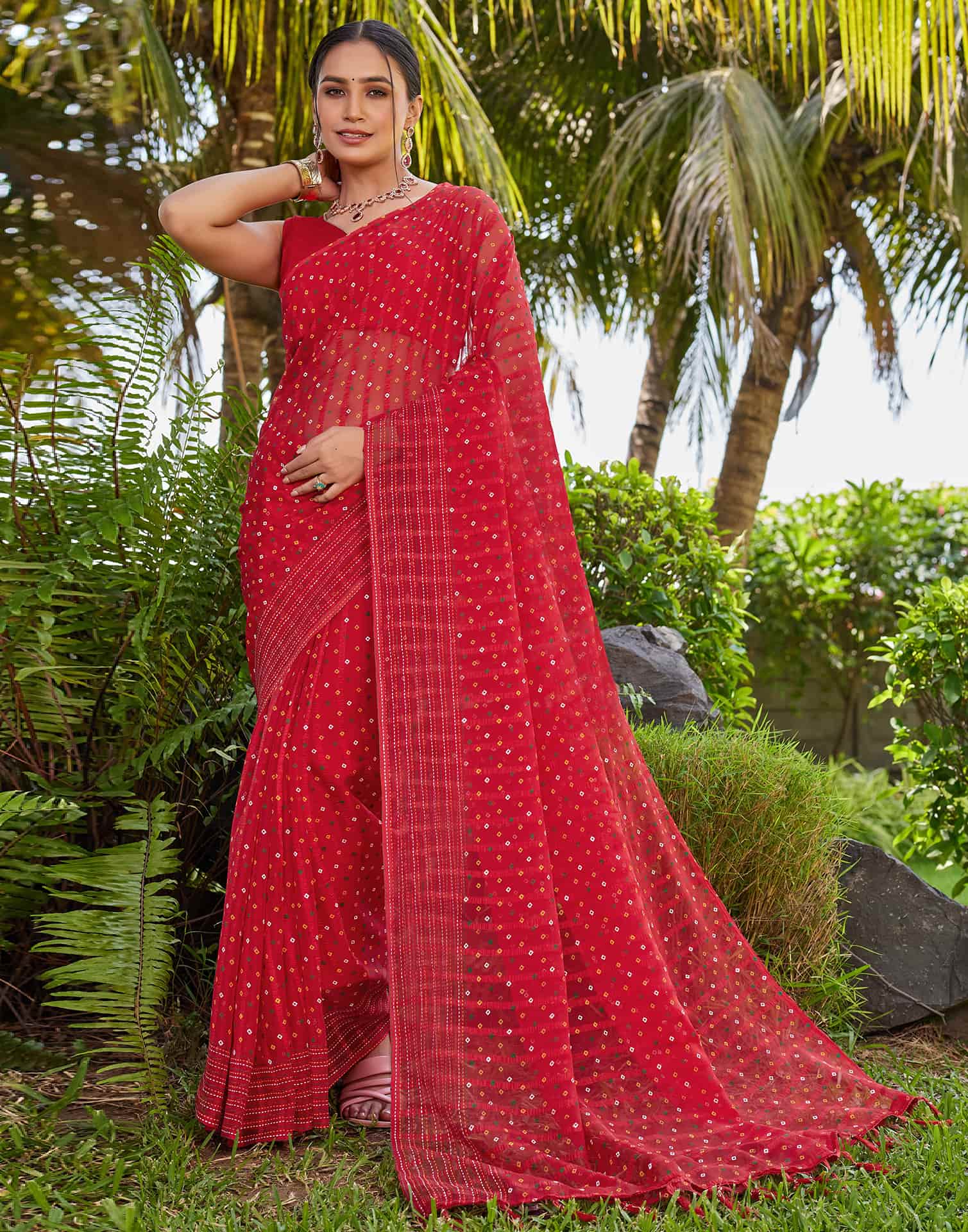 Red Chiffon Printed Bandhani Saree