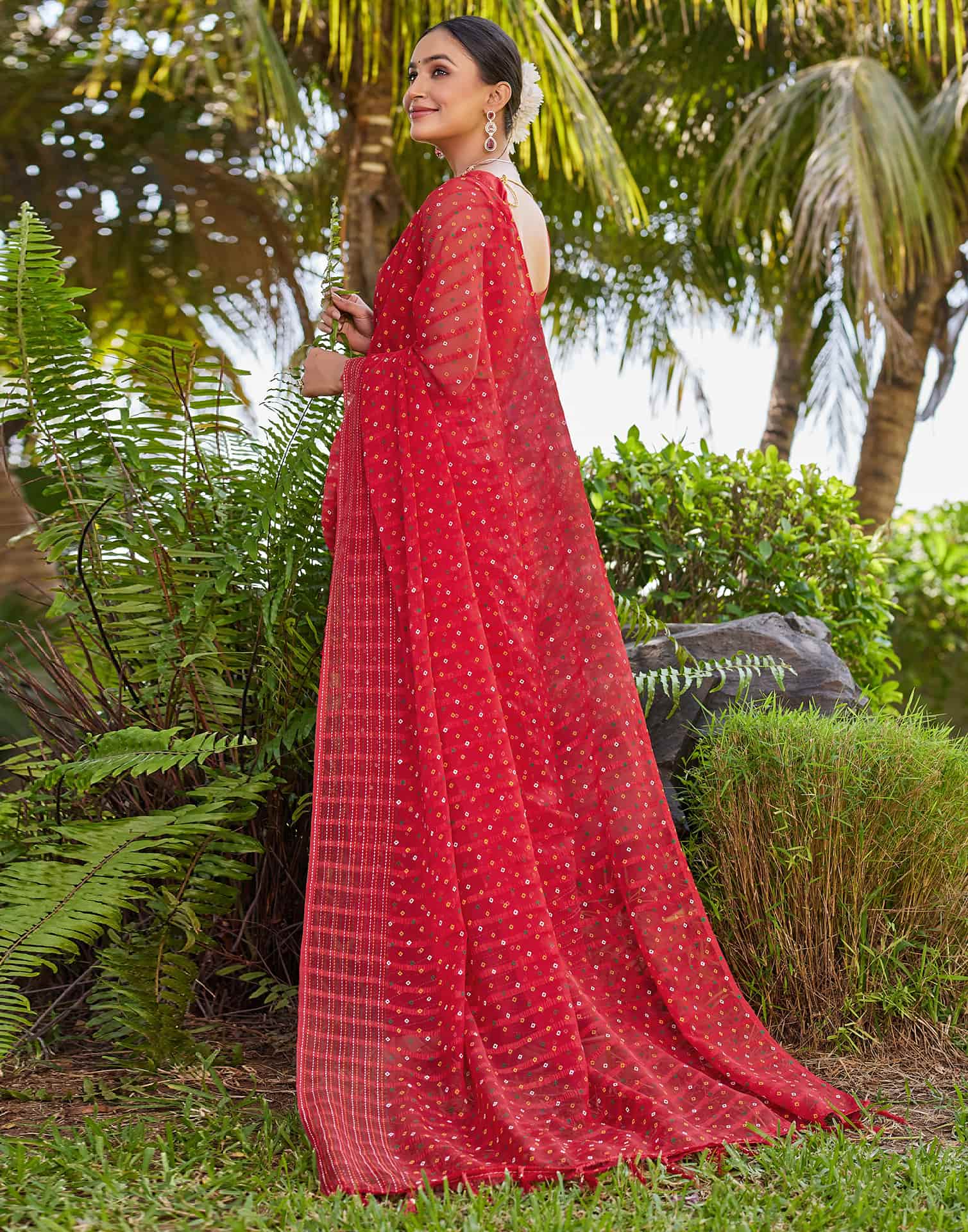 Red Chiffon Printed Bandhani Saree