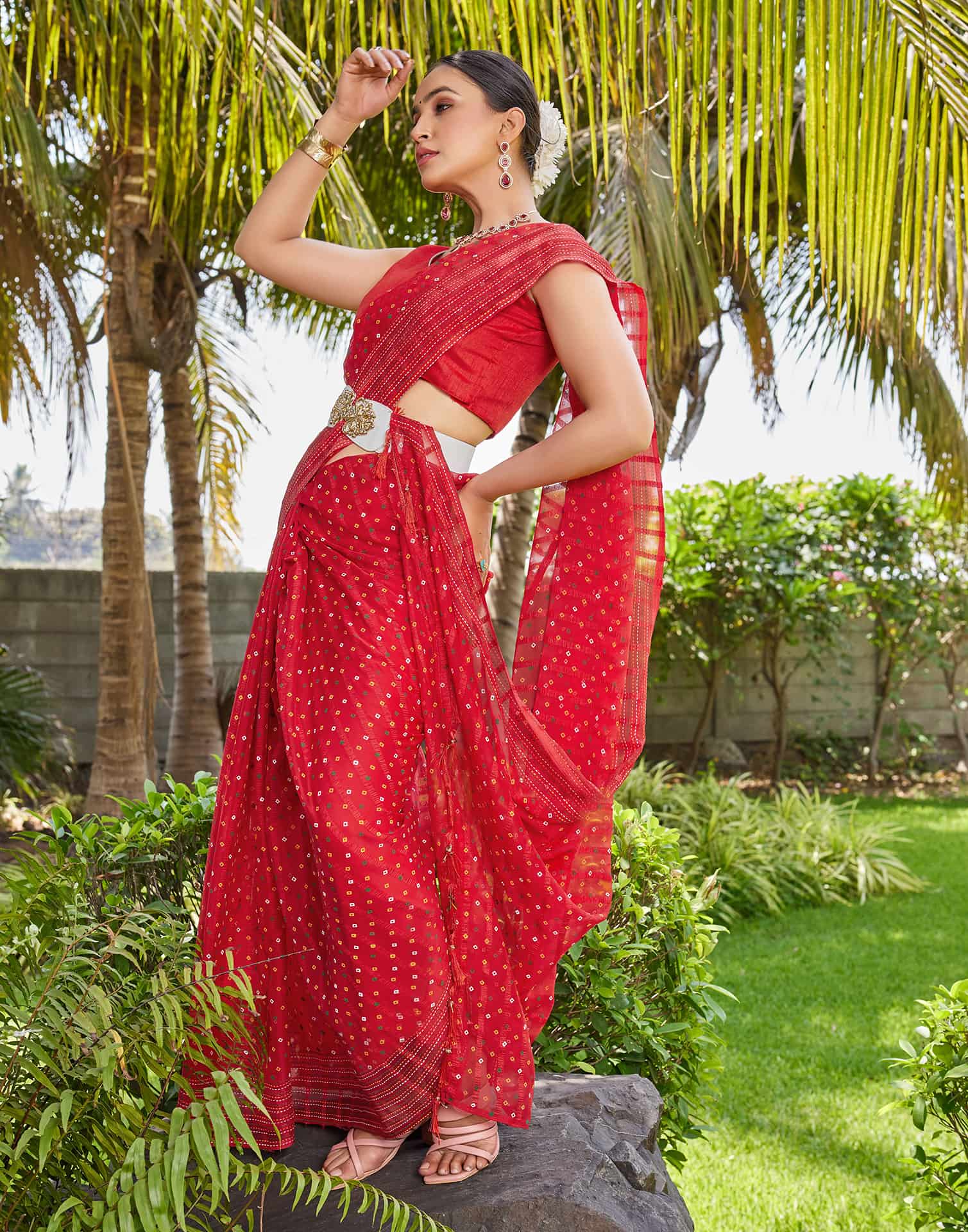Red Chiffon Printed Bandhani Saree