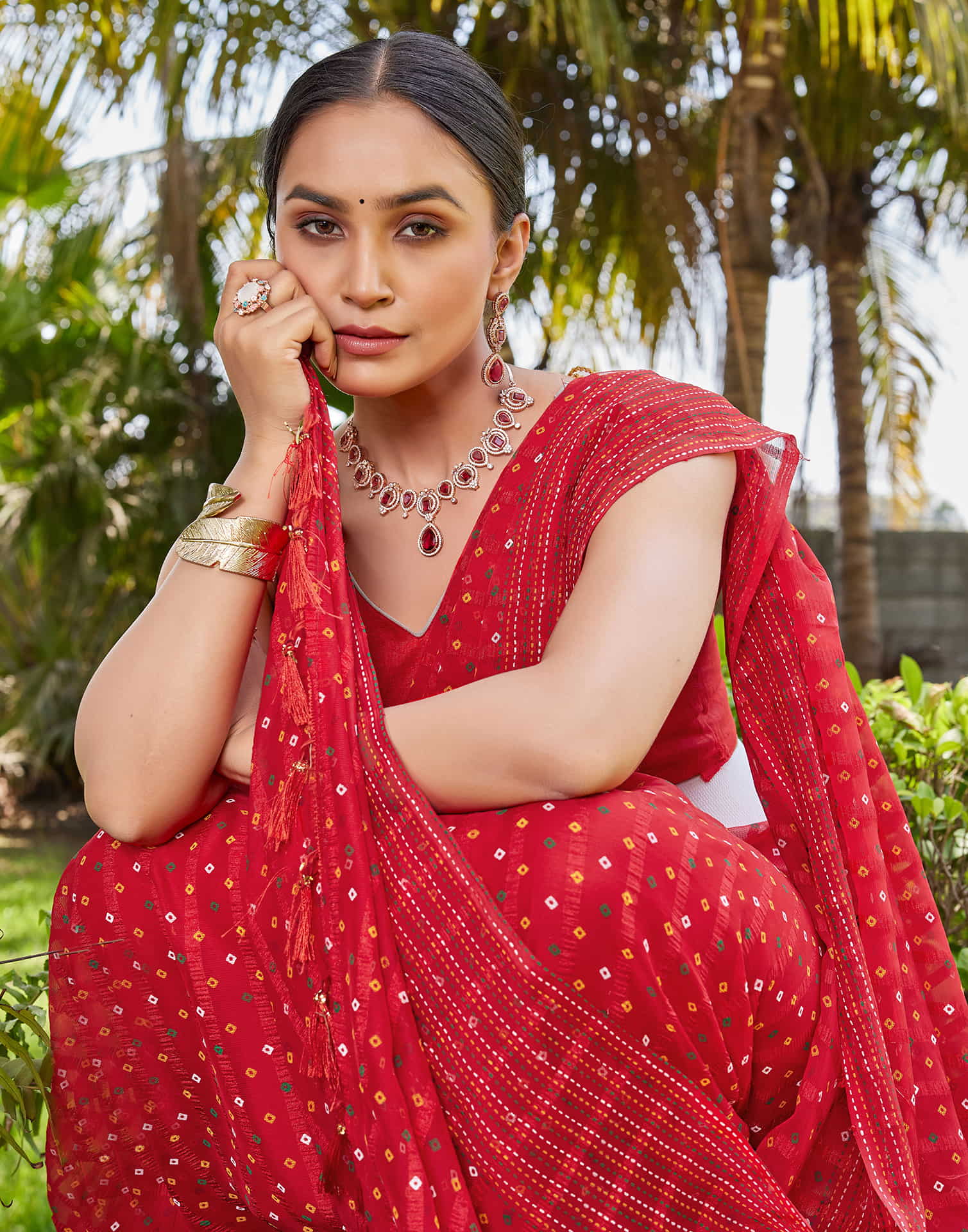 Red Chiffon Printed Bandhani Saree