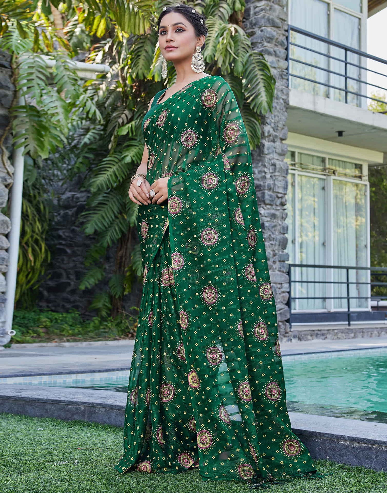 Dark Green Chiffon Printed Bandhani Saree
