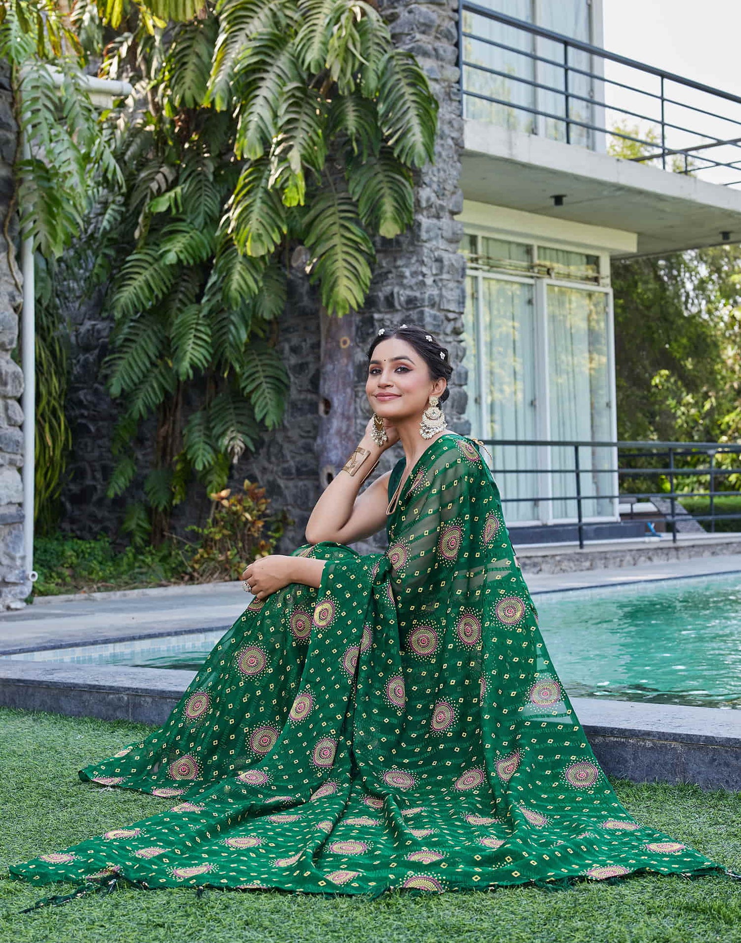 Dark Green Chiffon Printed Bandhani Saree