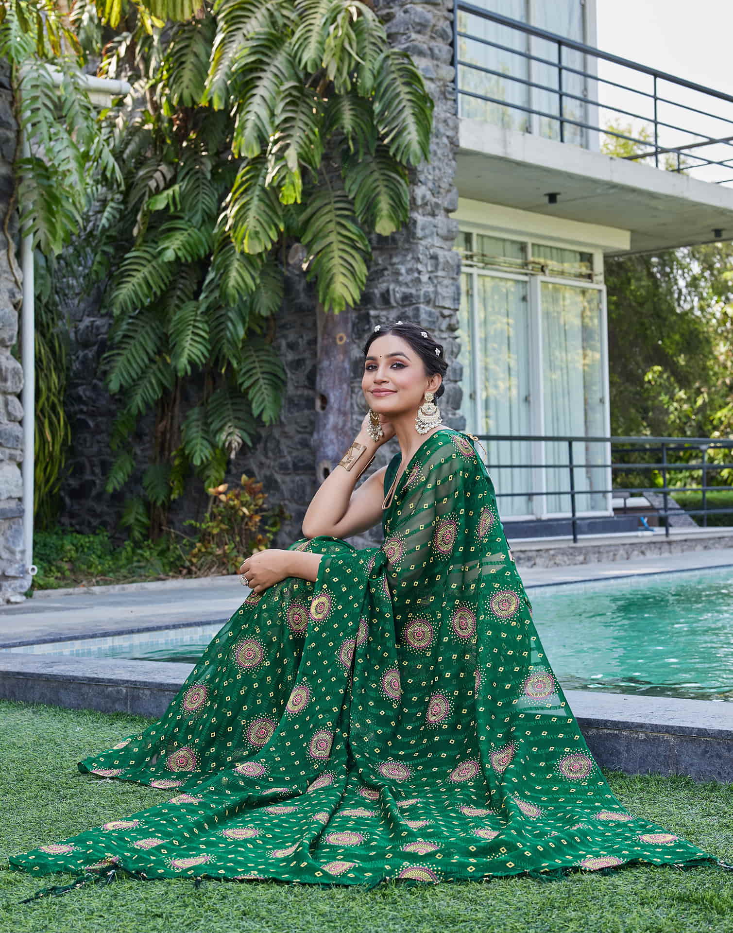 Dark Green Chiffon Printed Bandhani Saree