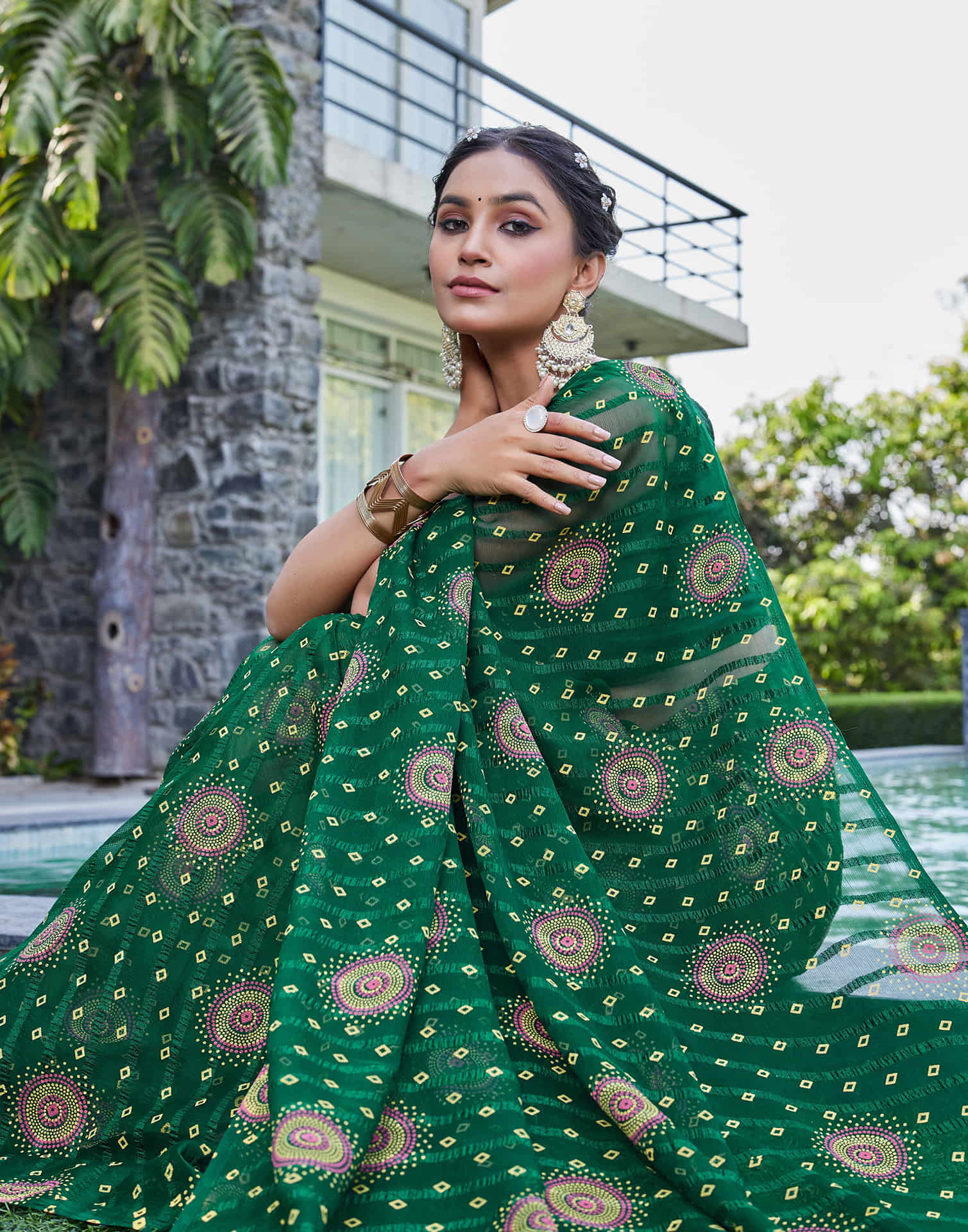 Dark Green Chiffon Printed Bandhani Saree