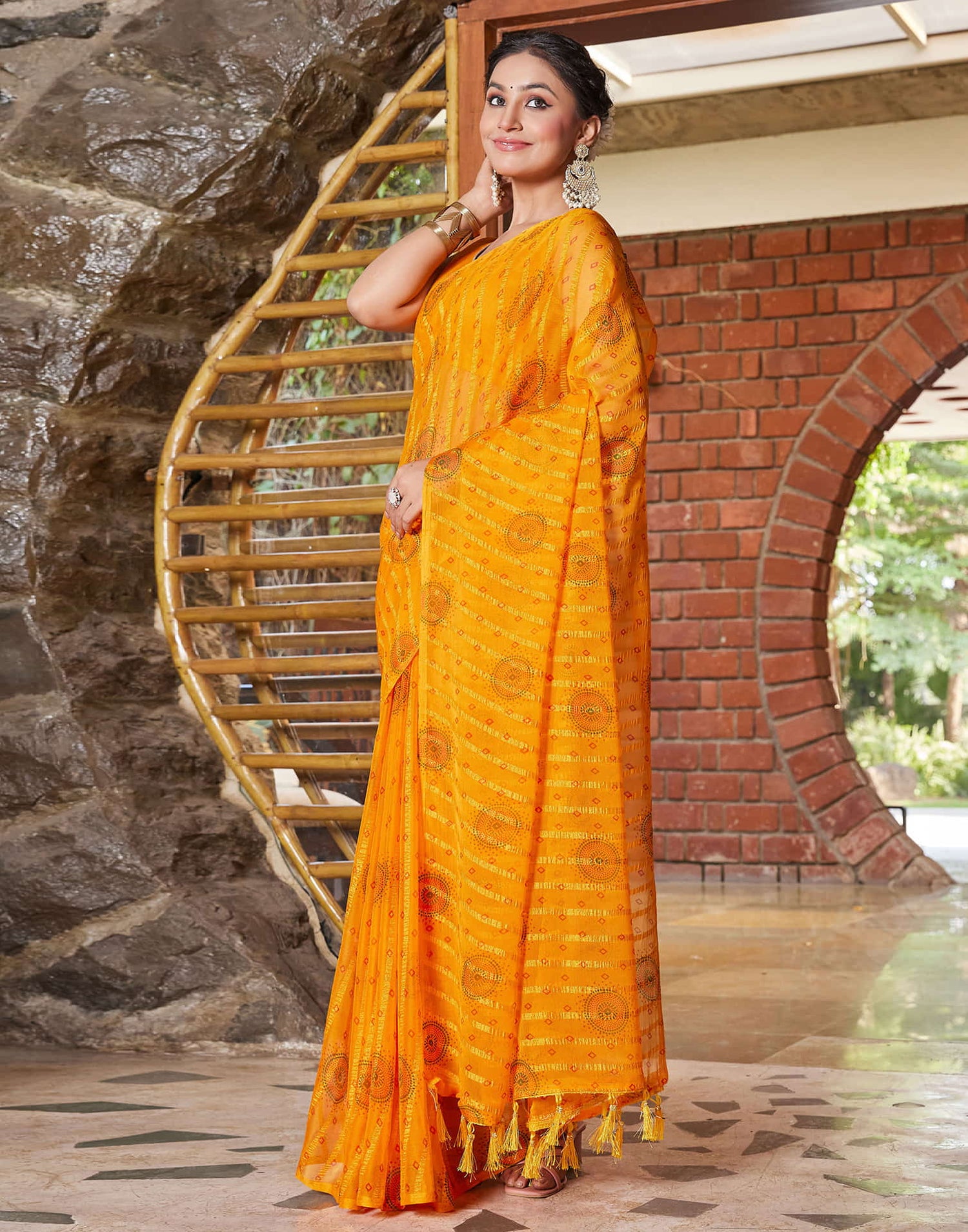 Yellow Chiffon Printed Bandhani Saree