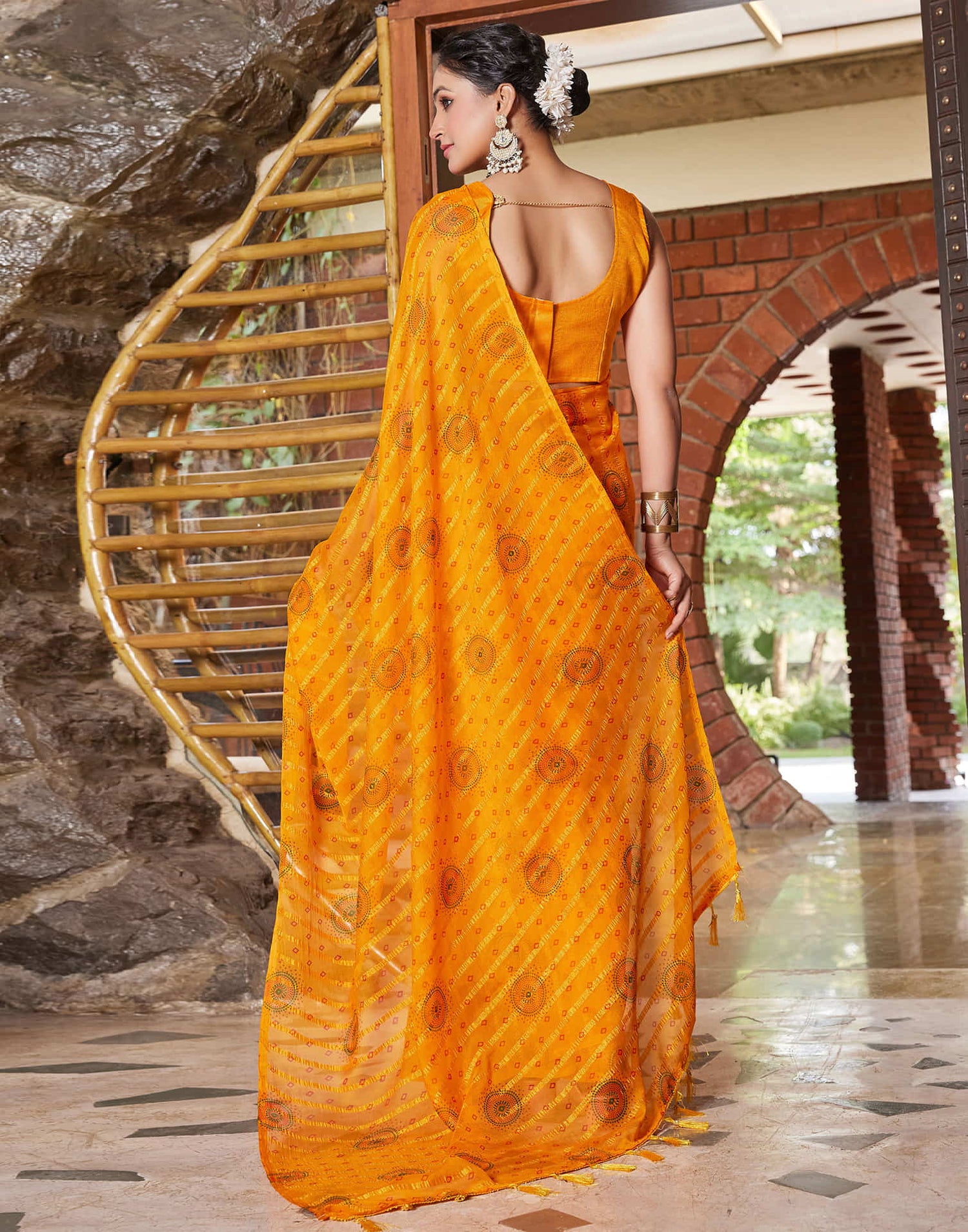 Yellow Chiffon Printed Bandhani Saree