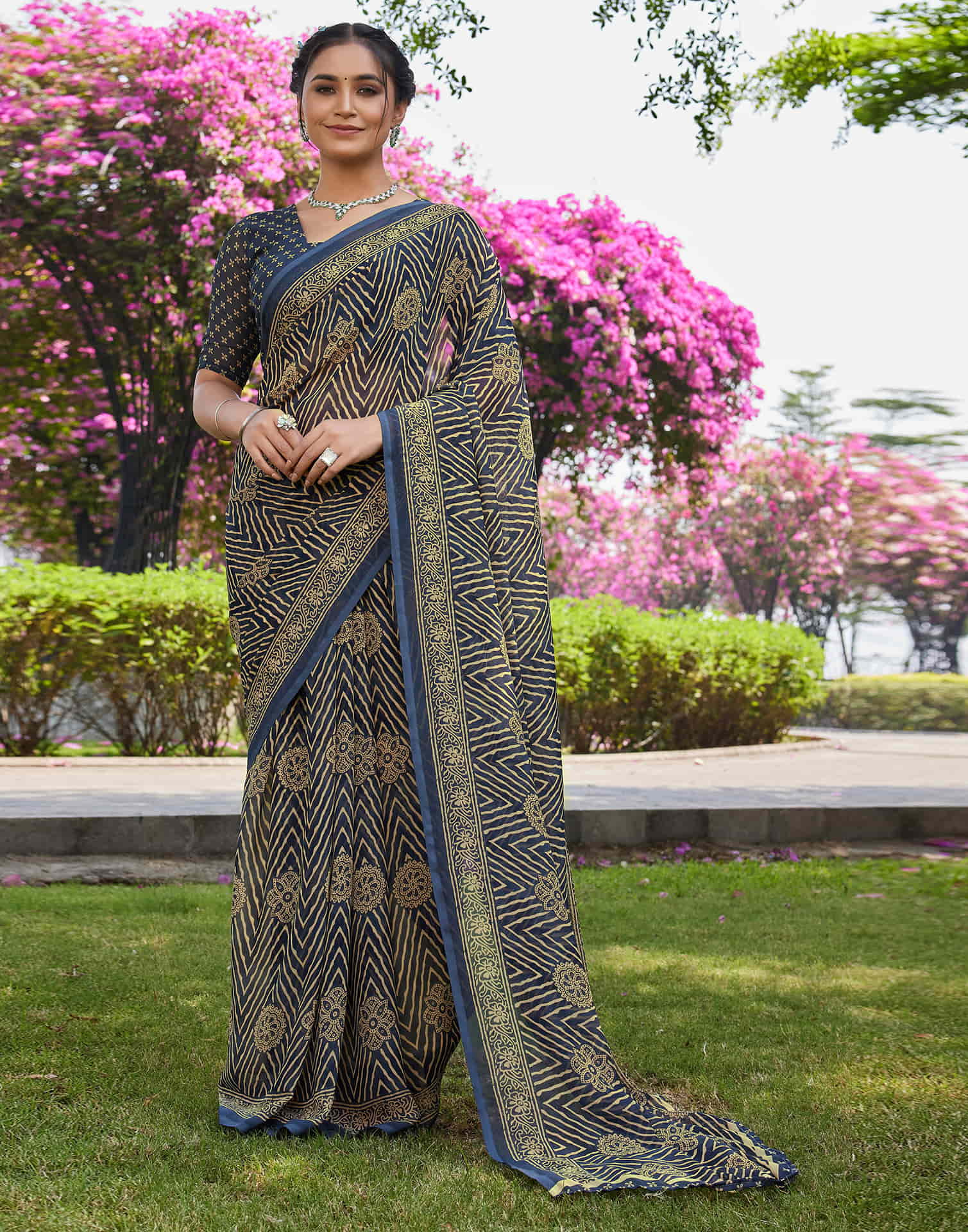 Dusty Navy Blue Georgette Printed Saree