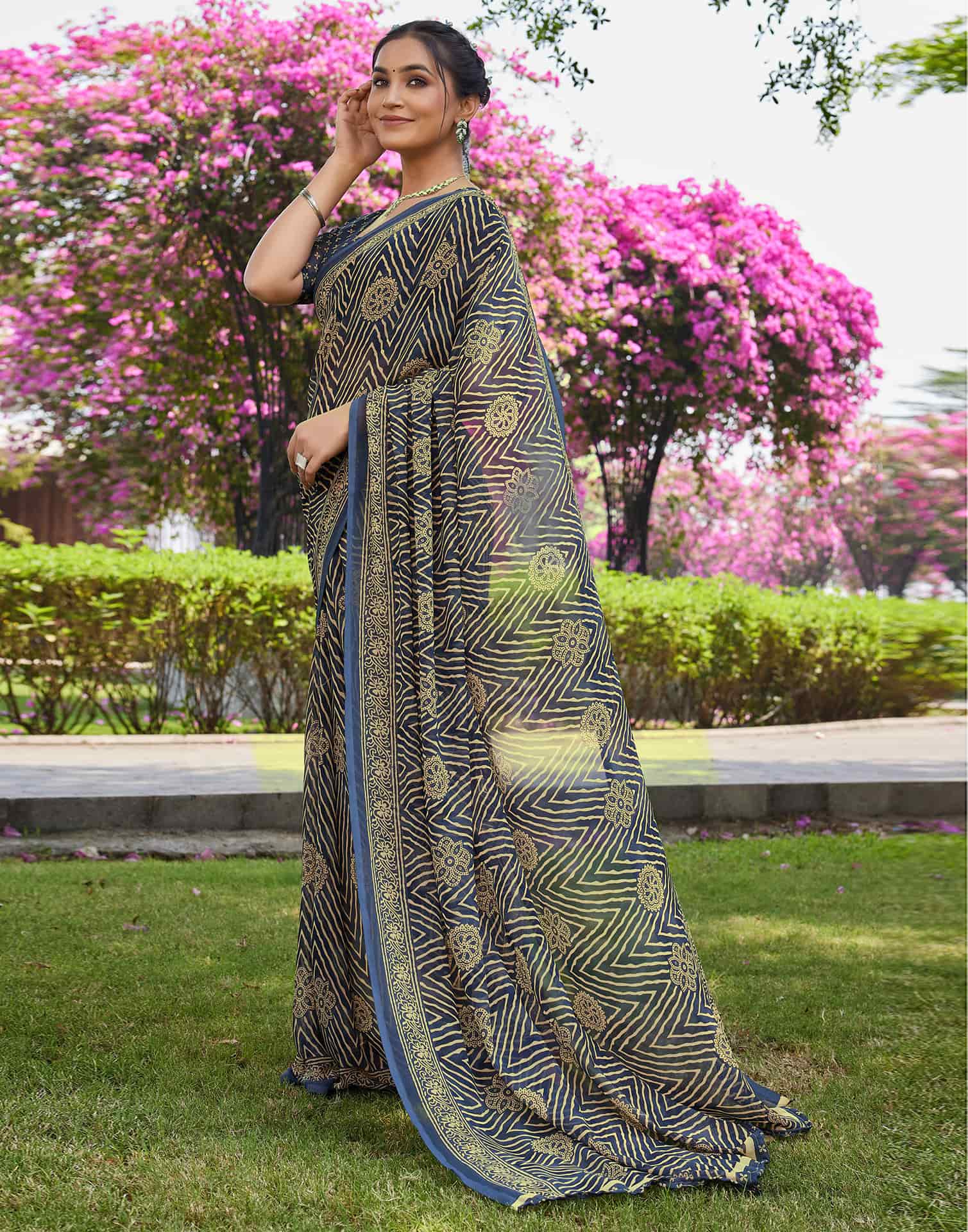 Dusty Navy Blue Georgette Printed Saree