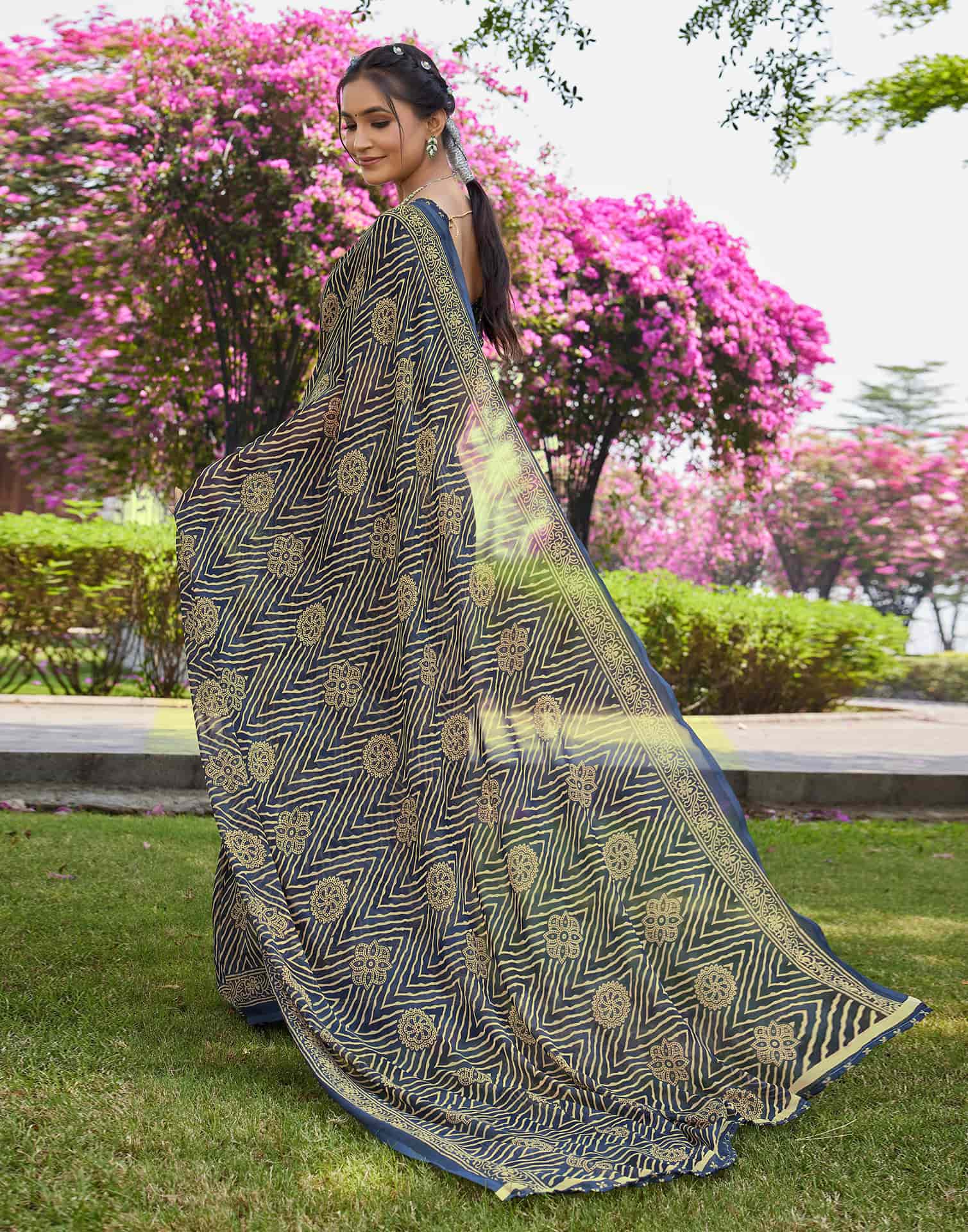 Dusty Navy Blue Georgette Printed Saree